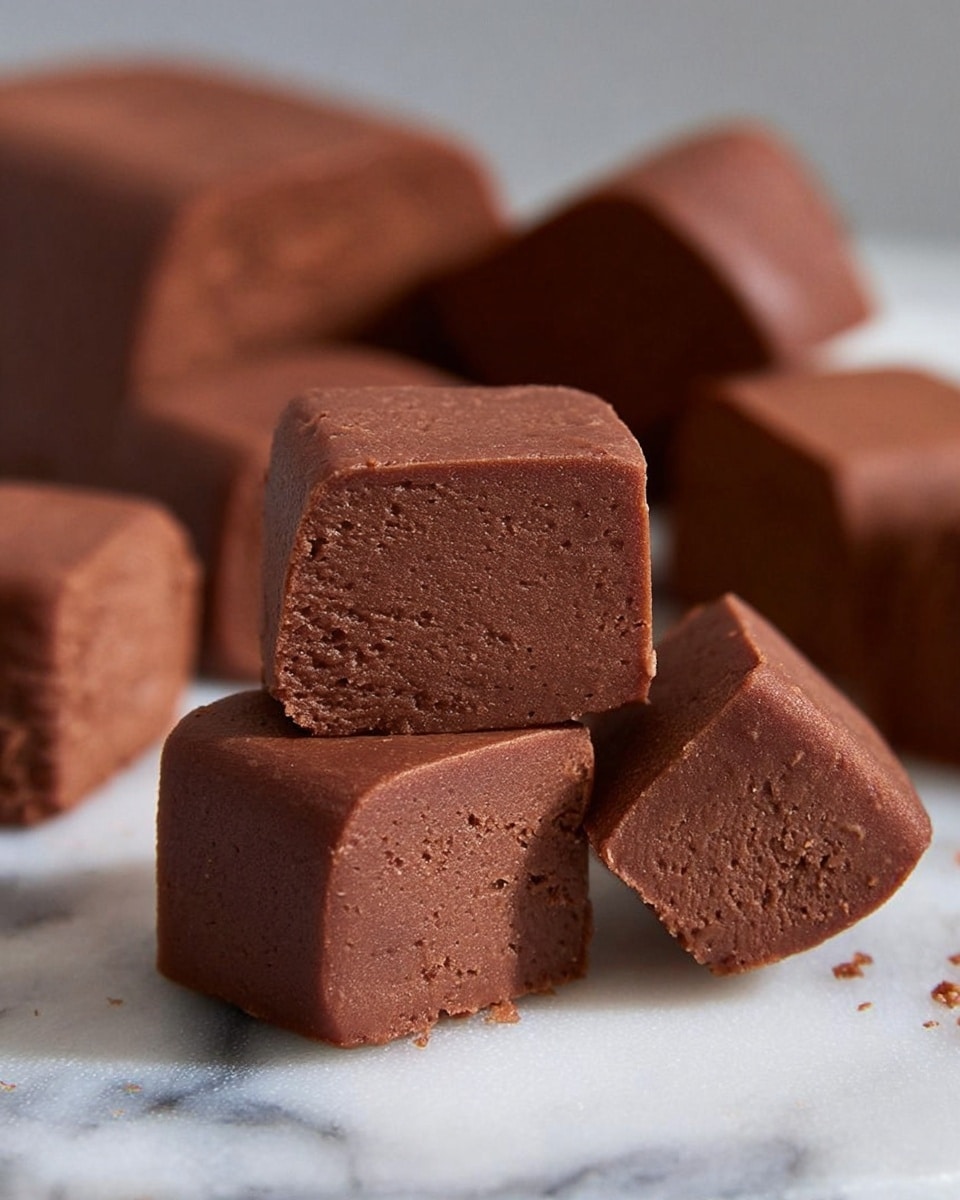 The image shows a close-up of several soft chocolate fudge pieces arranged on a white marbled surface. The fudge pieces are small, thick cubes with a smooth, dense texture and a rich brown color. There is a larger block of fudge in the background, some cut into slices and some left whole, showing the uniform and creamy inside. The pieces in the front are stacked casually, emphasizing their moist and slightly crumbly edges. Photo taken with an iphone --ar 4:5 --v 7