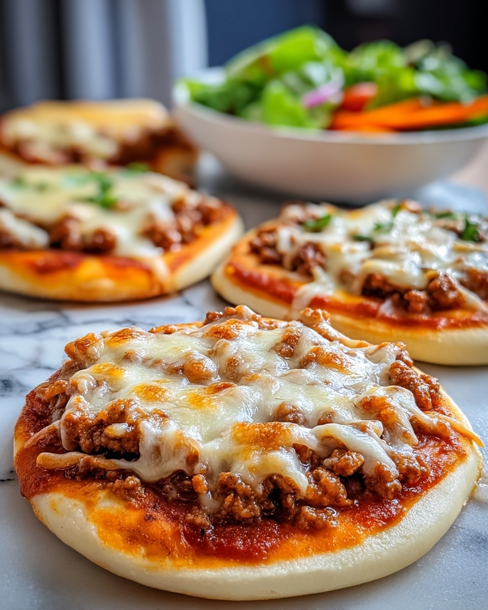 The image shows three small pizzas on a white marbled surface. Each pizza has three layers: a thick, soft dough base with a pale golden edge; a bright red tomato sauce spread evenly on top; and a generous layer of browned ground meat covered with melted mozzarella cheese that is golden and slightly bubbly. One pizza in the background has visible green toppings mixed with the meat. A colorful salad with greens and some red and orange vegetables is blurred in the background. photo taken with an iphone --ar 4:5 --v 7