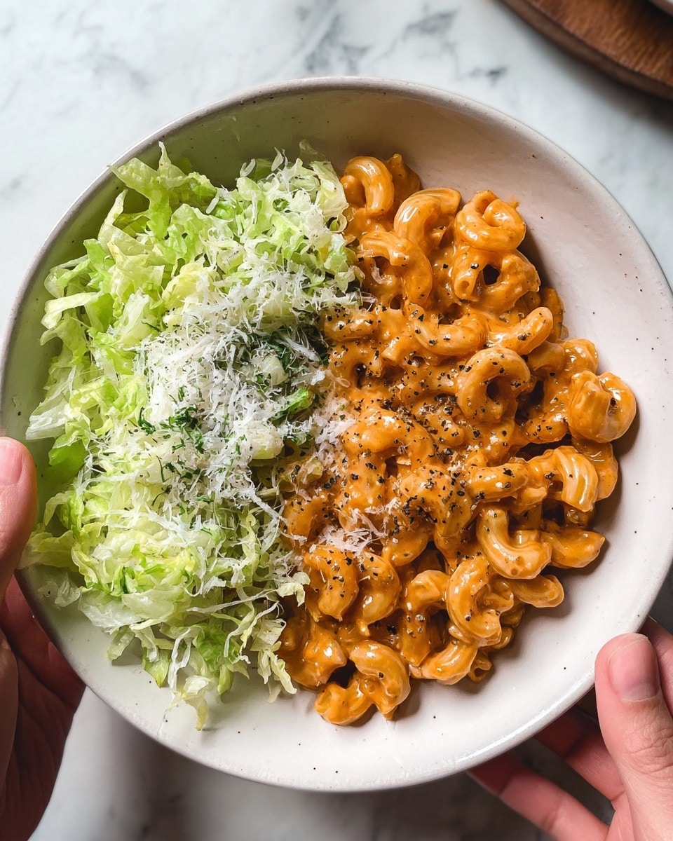 A white bowl holds a dish with two main parts: on the left side, there is a pile of shredded green lettuce topped with fine white grated cheese, while the right side is filled with curly pasta covered in a thick, creamy orange sauce mixed with small bits of ground meat and specks of herbs and black pepper. The pasta has a shiny texture and the sauce looks smooth and rich. Two woman's hands are holding the bowl at the edges. In the background, a small bowl of red chili flakes and a wooden surface are partly visible but replaced with a white marbled texture. photo taken with an iphone --ar 4:5 --v 7