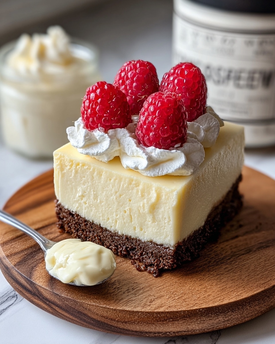 A slice of creamy cheesecake sits on a wooden board, showing three clear layers: a dark brown crumbly base, a thick light yellow smooth cheesecake layer in the middle, and a thin pale yellow top layer. On top are dollops of white whipped cream, each topped with bright red raspberries covered lightly with frost. Next to the cake on the board is a small silver spoon with a bit of whipped cream on it. The background is a white marbled surface with a blurred jar labeled “Showstopper” behind the cake. Photo taken with an iphone --ar 4:5 --v 7