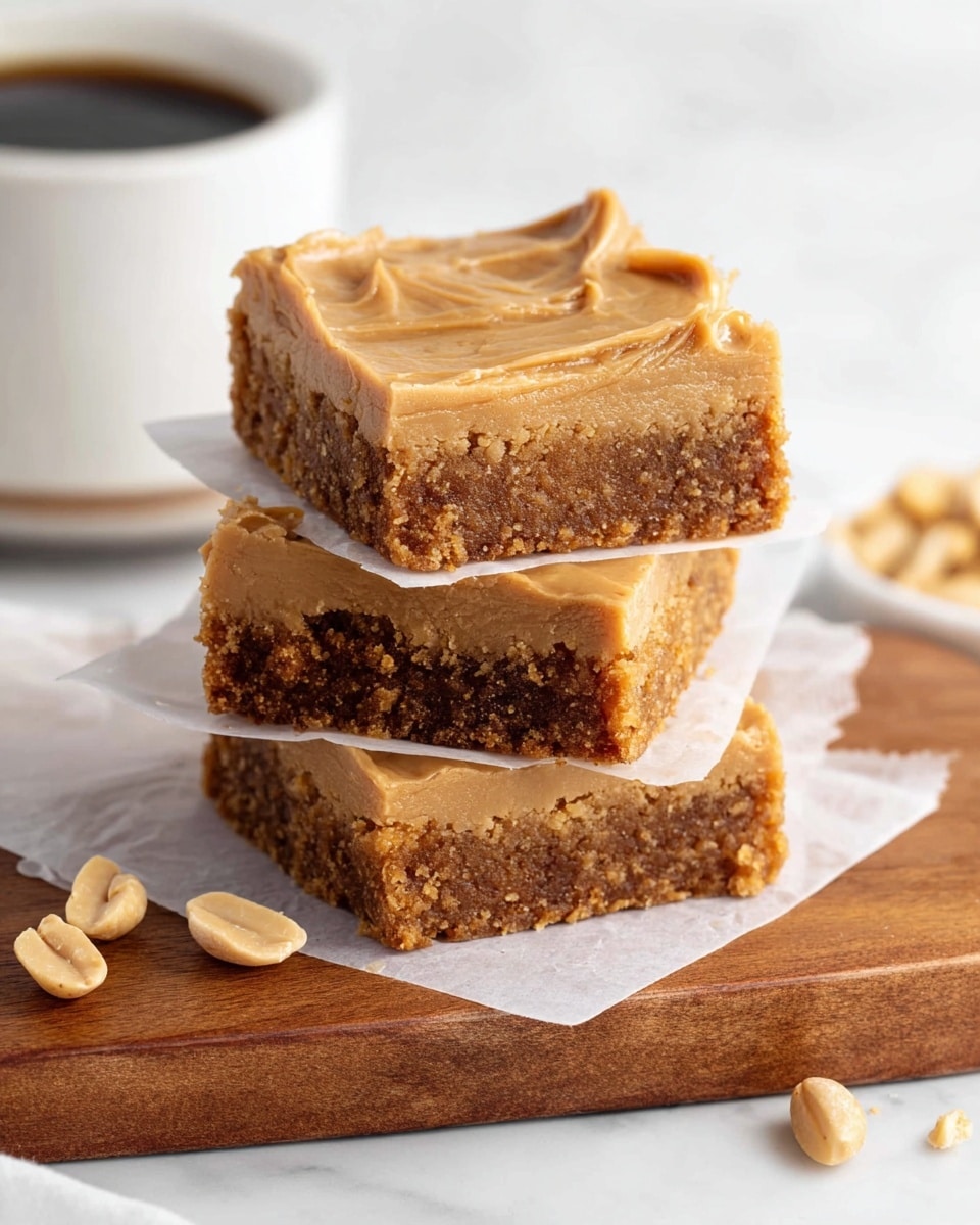 The image shows a close-up of a square bar being lifted by a silver spatula with a purple wide blade. The bar has two layers: a dense, dark brown bottom layer with a crumbly texture and a thick, smooth top layer of light caramel brown frosting with soft swirls. The background features a black baking pan filled with more of the same bars, cut into squares, all placed on a white marbled surface. photo taken with an iphone --ar 4:5 --v 7
