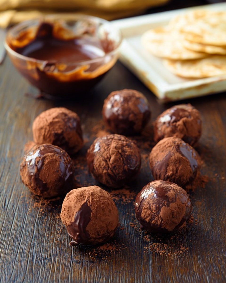 A close-up view of several spherical chocolate truffles arranged on a dark wooden surface, each truffle covered in a thick, glossy dark brown chocolate layer with rough, uneven textures and visible minor cracks and swirls. The truffles have a rich and smooth appearance with some lighter brown areas from the chocolate coating, positioned randomly yet spaced apart, highlighting the uneven chocolate coating details. photo taken with an iphone --ar 4:5 --v 7