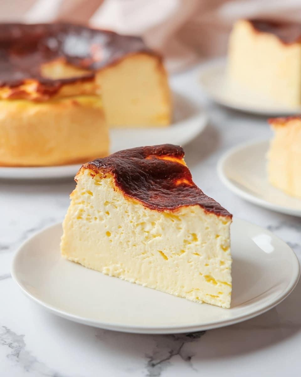 A single slice of cheesecake sits on a white plate, showing two layers: the bottom layer is creamy pale yellow with a smooth and soft texture, while the top layer is a dark caramelized brown crust that is slightly uneven and glossy. The cheesecake has a square shape with a bite taken out of one corner, revealing the dense and moist inside. The plate rests on a white marbled surface with soft lighting that highlights the creamy and shiny contrast of the cake. Photo taken with an iphone --ar 4:5 --v 7
