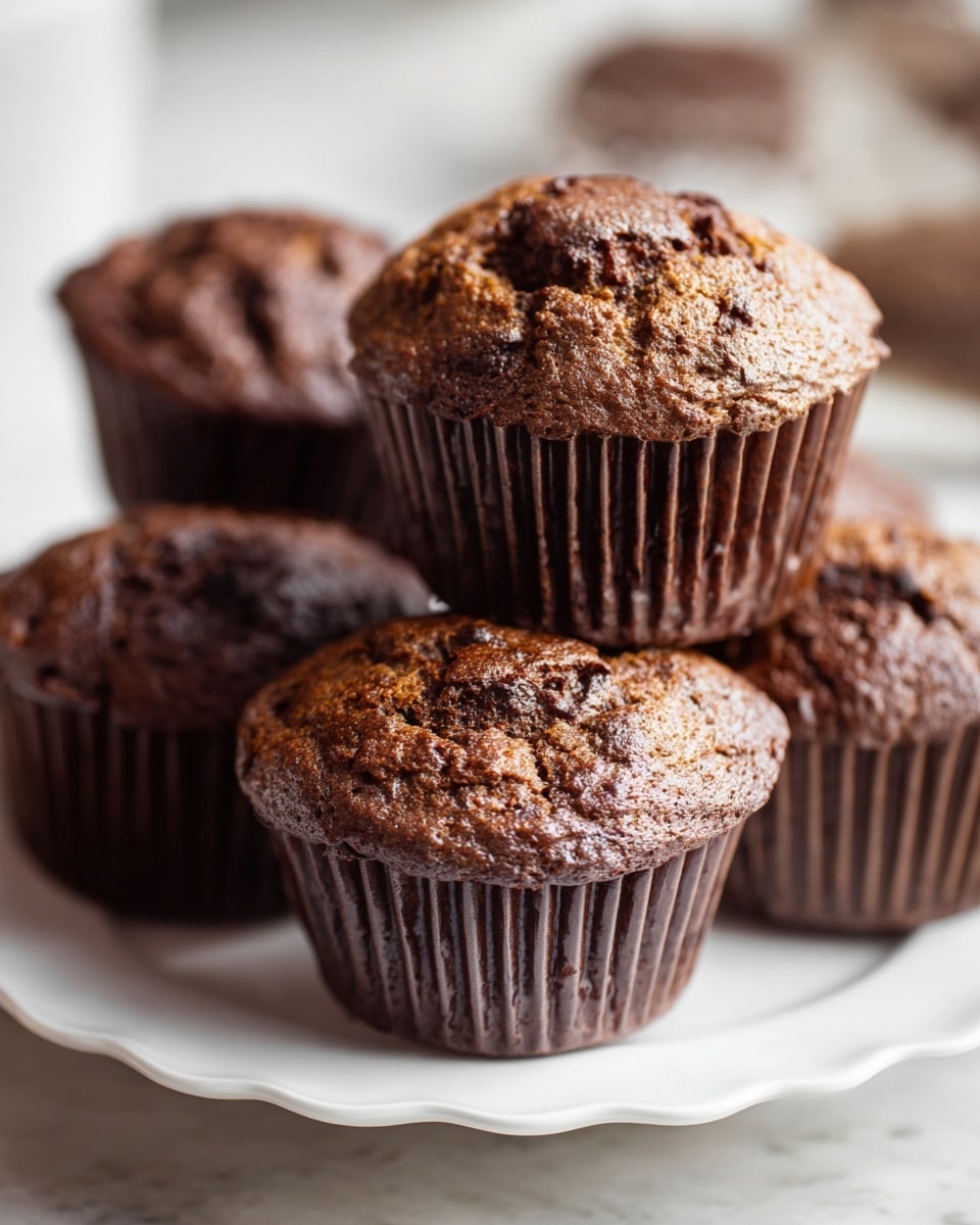 A close-up of several chocolate muffins with cracked, slightly rough tops showing rich dark brown color and moist texture, each muffin in a ribbed dark brown baking liner. They are stacked and arranged closely together on a white scalloped-edge plate, all placed on a white marbled surface. The muffins appear freshly baked with soft, tender interiors hinted by the cracks on top. Photo taken with an iphone --ar 4:5 --v 7