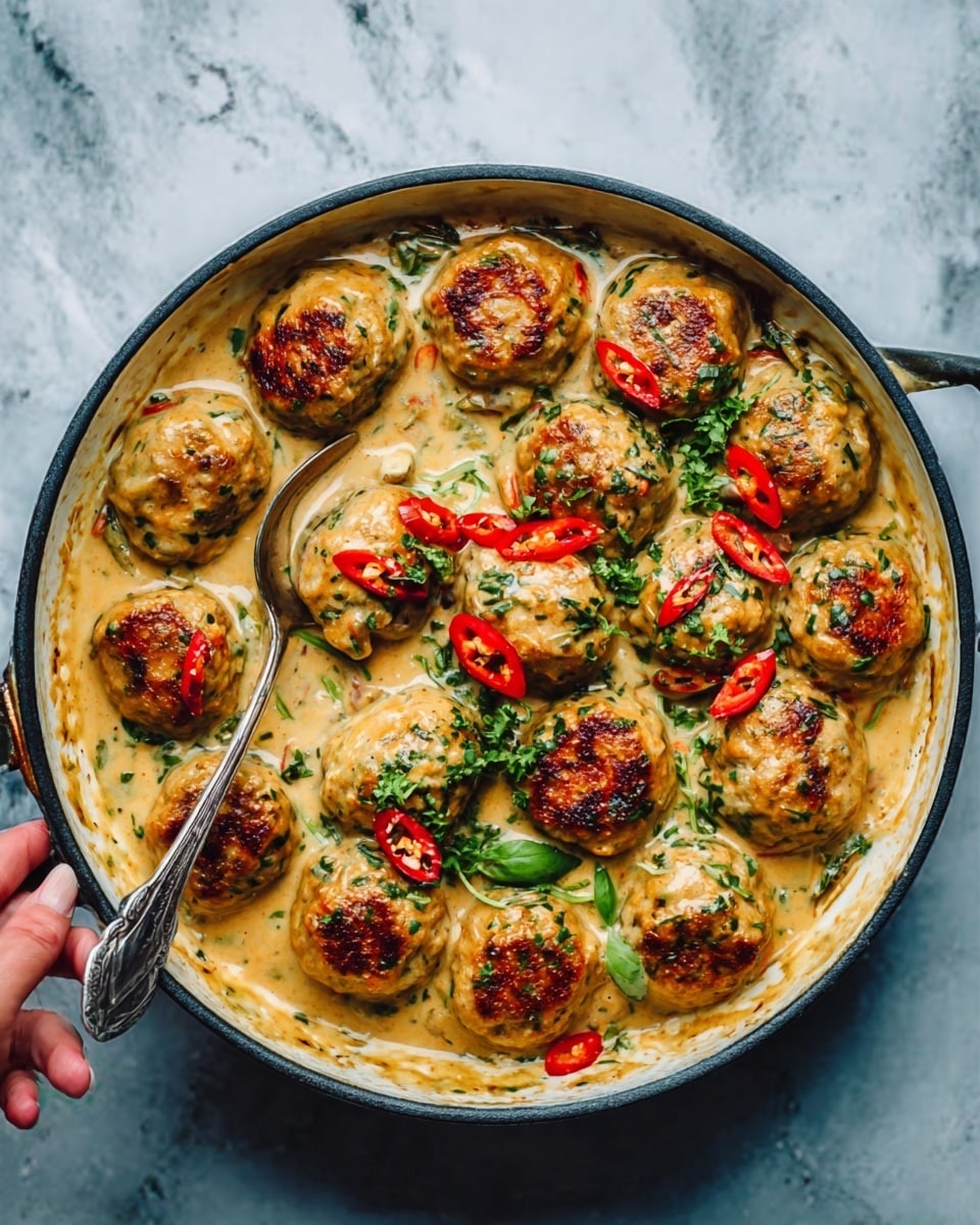A round white pan filled with 14 golden brown meatballs covered with a creamy light beige sauce. The sauce has red chili slices and green herbs sprinkled on top. A silver spoon rests in the pan, with a woman's hand holding it from the side. The background is a white marbled texture. Photo taken with an iphone --ar 4:5 --v 7