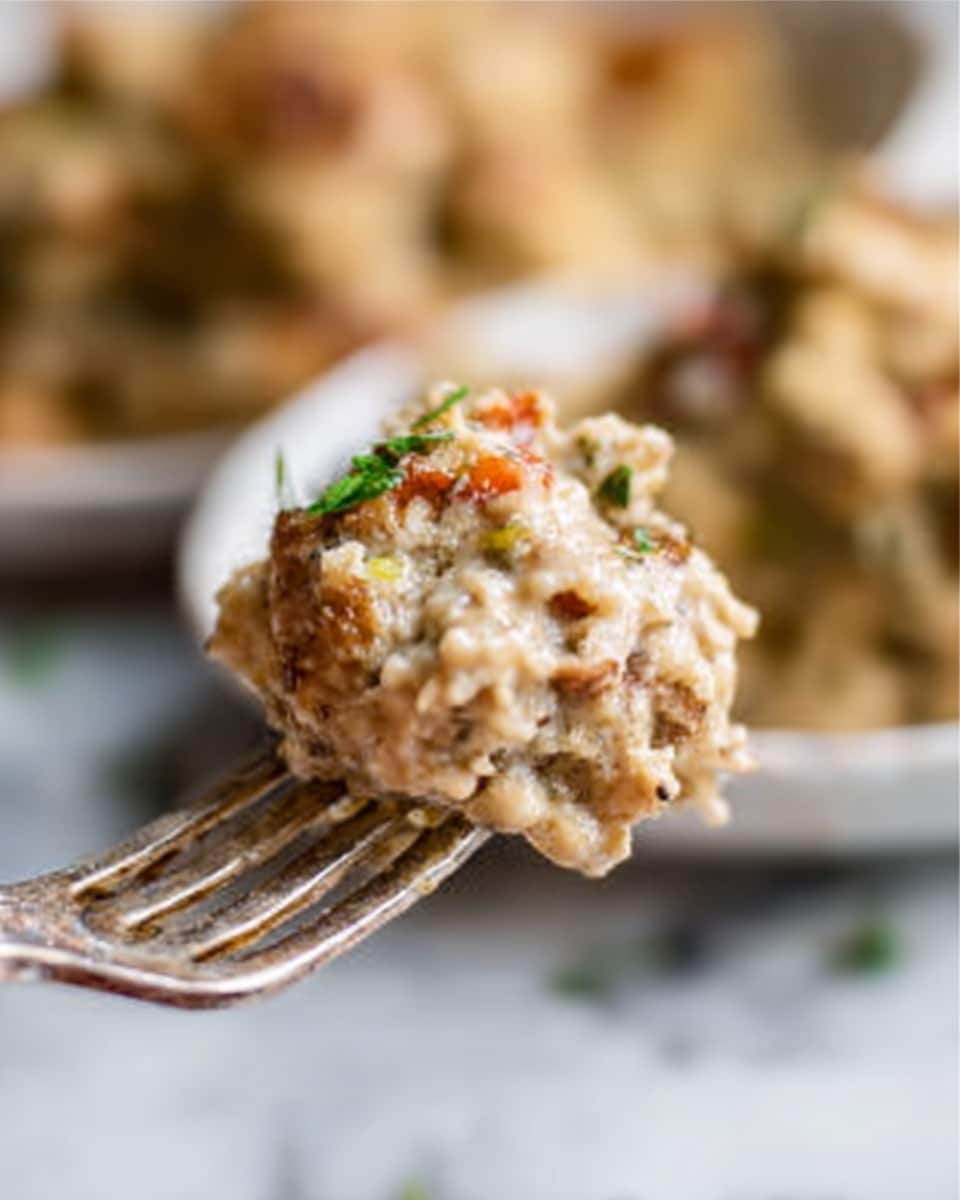 A close-up image of a fork holding a creamy textured spoonful of food that looks like a savory casserole or stuffing. The spoonful has a light beige color with small bits of brown and orange, possibly from cooked vegetables or herbs, and some small green garnish on top. In the blurred background, more of the same dish can be seen in a white bowl on a white marbled surface. The image shows the creamy and chunky nature of the food with some visible seasoning. A woman's hand is holding the fork. Photo taken with an iphone --ar 4:5 --v 7