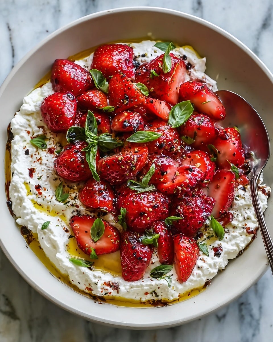 A white bowl holds a dessert with two main layers: the bottom is a thick, creamy white layer of ricotta cheese with a smooth and slightly fluffy texture, topped with a drizzle of golden honey pooling in a small well on one side. The top layer is a mix of whole and halved bright red strawberries, glistening as if coated with a light syrup, scattered generously over one half of the bowl. Fresh green basil leaves are placed among the strawberries and lightly sprinkled over the cheese, adding a touch of fresh color. A dark balsamic glaze is drizzled over the dish, creating thin, shiny lines contrasting with the white cheese and red fruit. The bowl is placed on a white marbled surface. photo taken with an iphone --ar 4:5 --v 7