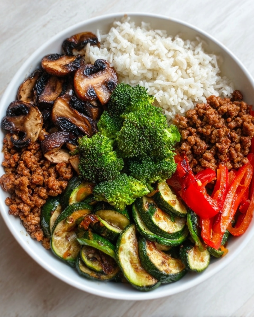 A white bowl filled with six sections of food arranged neatly: one section has fluffy white rice, next to it is cooked ground meat with a brown color and crumbly texture, beside that is sautéed broccoli with bright green florets, followed by grilled mushrooms that are golden brown with slight charring, then colorful roasted vegetables including red bell peppers and sliced zucchini, all sitting on a white marbled surface. photo taken with an iphone --ar 4:5 --v 7