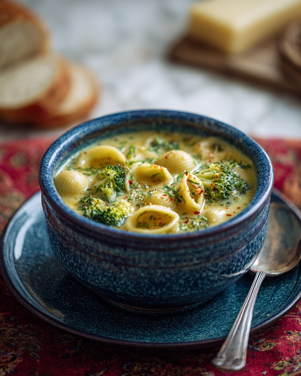 A deep bowl filled with creamy yellow soup containing small shell pasta and bright green broccoli pieces, topped with shredded cheese and a few red pepper flakes. The soup has a smooth, slightly thick texture with small bits of herbs sprinkled on top. The bowl is set on a matching patterned plate, both with intricate blue and brown designs. Next to the bowl is a shiny silver spoon resting partly on a red cloth with a paisley pattern. In the blurred background, there are pieces of sliced white bread and blocks of cheese on a white marbled surface. photo taken with an iphone --ar 4:5 --v 7