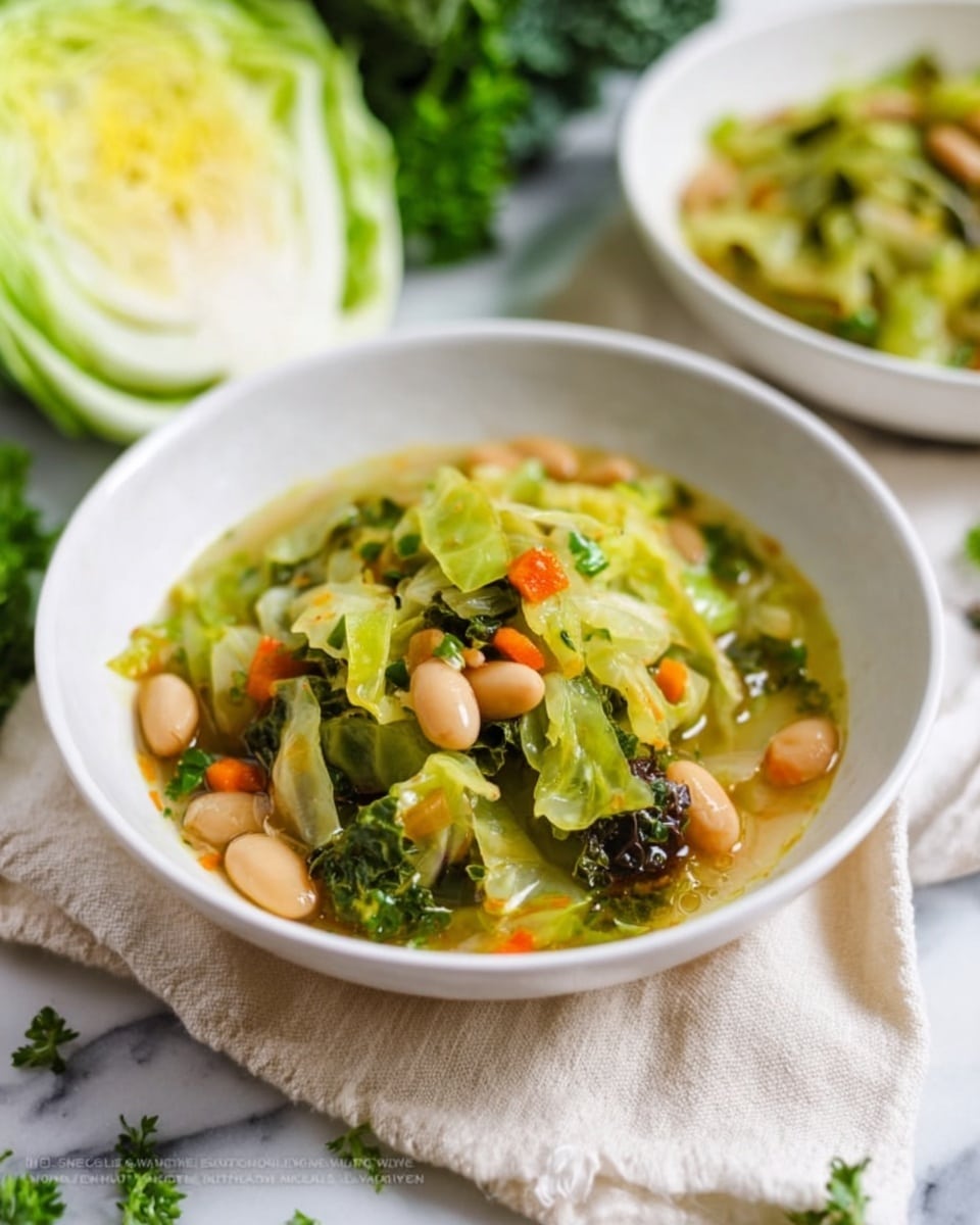 A white bowl filled with a colorful mixed vegetable dish, featuring bright green shredded cabbage layered with round, light beige beans, small diced orange carrot bits, and some dark green leafy herbs all mixed in a light broth. The dish has a soft, slightly wet texture, with the cabbage and beans sitting evenly distributed throughout the bowl. It is placed on a cream-colored cloth on a white marbled surface, with some fresh green parsley scattered nearby and a partially cut cabbage and another bowl with a similar dish blurred in the background. Photo taken with an iphone --ar 4:5 --v 7