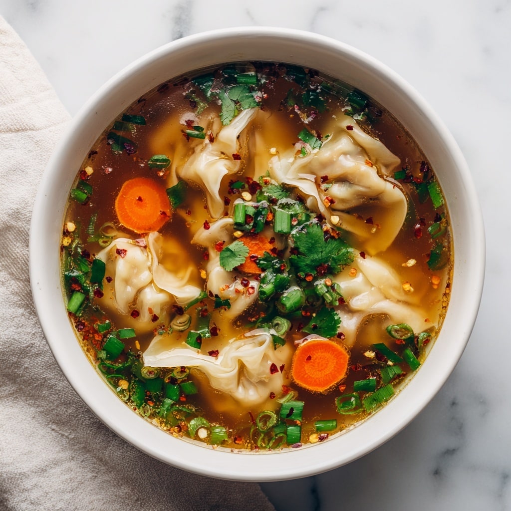 A white bowl filled with clear brown broth holding soft, folded wontons that are light beige with a slightly translucent skin. Floating on top are bright orange carrot slices with a smooth texture, and vibrant green chopped scallions and cilantro leaves scattered around. Tiny red chili flakes dot the surface, adding a speckled red contrast against the broth and wontons. The bowl sits on a white marbled surface with a soft cloth underneath. photo taken with an iphone --ar 4:5 --v 7