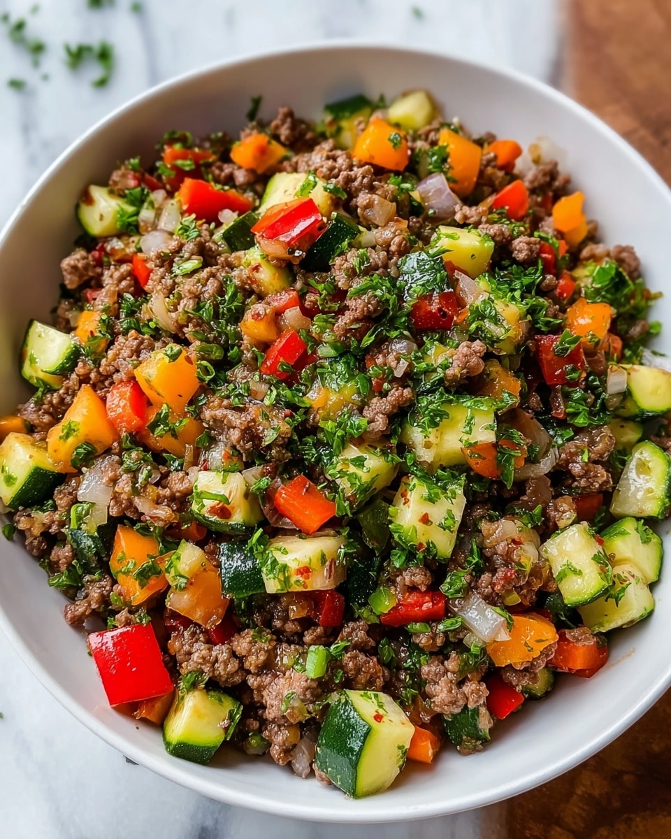 A white bowl filled with a colorful mix of finely chopped cooked ground beef, bright green zucchini cubes, red and orange bell pepper pieces, and small bits of cooked onions, all tossed together and sprinkled with fresh green chopped herbs, sitting on a white marbled surface. The textures show the soft cooked meat, slightly crunchy vegetables, and the herbs adding a fresh touch. Photo taken with an iphone --ar 4:5 --v 7