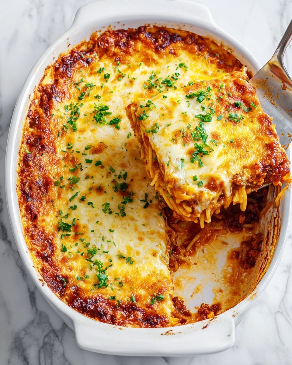A white oval dish contains a baked spaghetti casserole with three visible layers: a bottom layer of thick reddish-brown meat sauce mixed with spaghetti noodles, a middle layer of more spaghetti covered lightly with sauce, and a top layer of melted golden-yellow cheese that is bubbly and slightly browned around the edges, sprinkled with green chopped herbs. A metal spatula rests inside the dish, lifting a square piece from the corner, revealing the noodle texture and sauce beneath the cheese. The dish sits on a white marbled surface. photo taken with an iphone --ar 4:5 --v 7