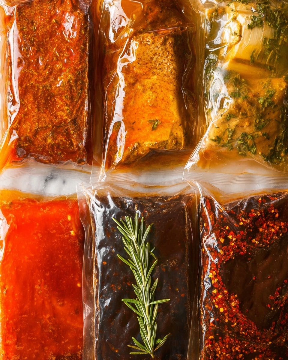 Six clear plastic bags are laid out flat on a white marbled surface, each filled with marinating meat in different sauces. The top left bag holds meat in a thick, brown classic marinade with visible herbs and spices. Next to it on the right, the garlic herb bag shows pale meat in a light yellow-green sauce with small herb flakes. Below the classic bag, the fajita marinade is bright orange-red, coating the meat with a smooth texture. To its right, the balsamic rosemary bag contains dark sauce and a sprig of rosemary on top of the meat. The bottom left bag, labeled only 3 ingredients, is dark brown with chunks of meat visible, and the bottom right sweet & spicy bag holds meat in a deep reddish-brown sauce speckled with pepper flakes. Photo taken with an iphone --ar 4:5 --v 7