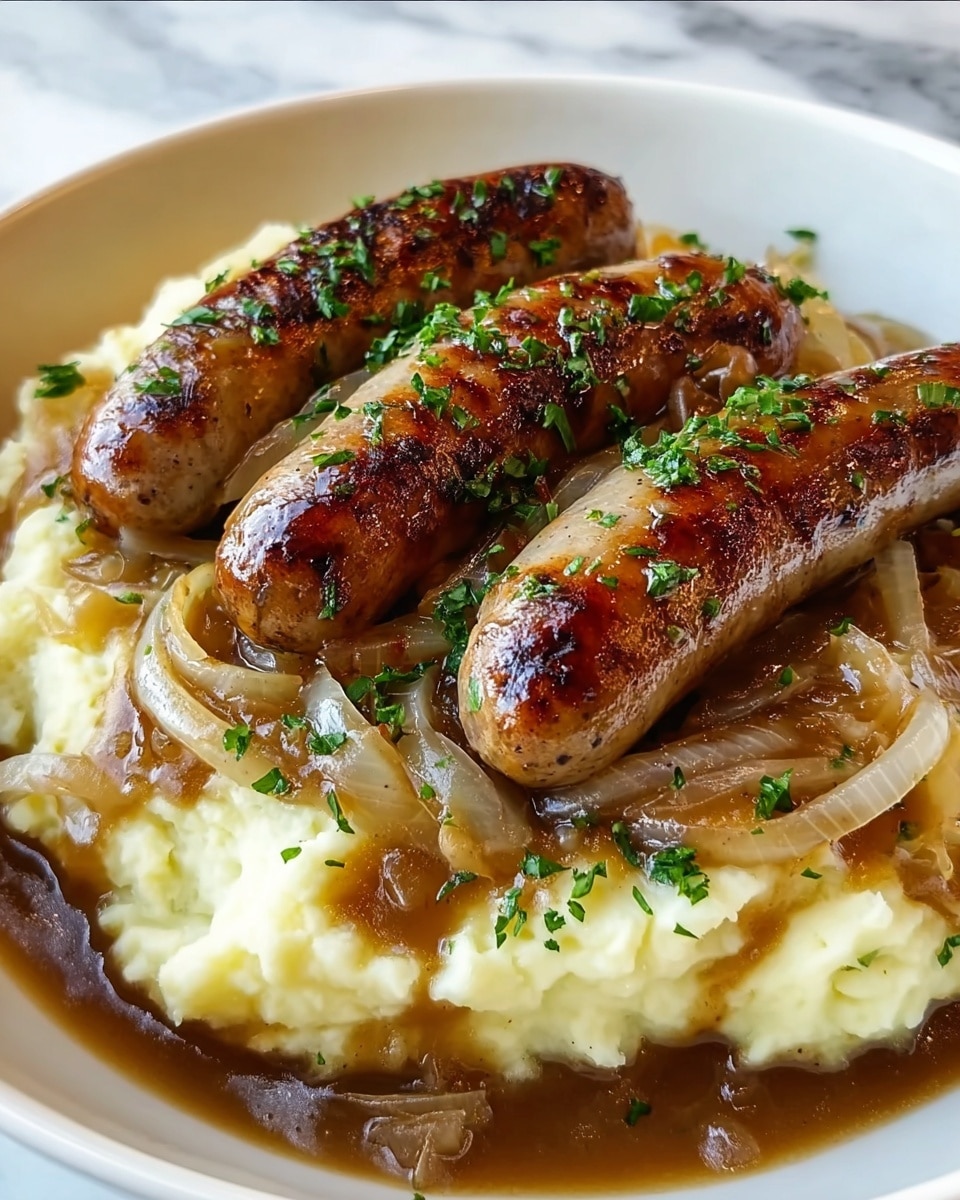 The dish shows three browned sausages placed on a thick and creamy layer of mashed potatoes, which has a soft and slightly lumpy texture. Underneath the mashed potatoes, there is a layer of cooked, golden-brown onions in a rich, dark brown gravy that pools slightly on the white plate. On top of the sausages and mashed potatoes are more cooked onions scattered with small green parsley leaves, adding contrast to the warm tones of the food. The sausages have a shiny, grilled look with visible char marks. The whole meal sits on a white plate with a white marbled texture background. Photo taken with an iphone --ar 4:5 --v 7