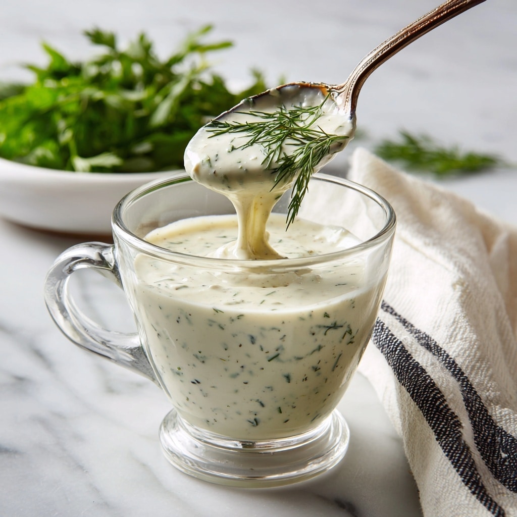 A clear glass cup with a handle is filled with a creamy white sauce speckled with small green herbs, likely dill. A spoon lifted above the cup shows the thick sauce dripping back, emphasizing its rich and smooth texture with visible herb bits. In the background, a white bowl contains fresh green herbs, slightly blurred, sitting on a white marbled surface. A white cloth with black stripes is casually placed on the right side near the cup. photo taken with an iphone --ar 4:5 --v 7