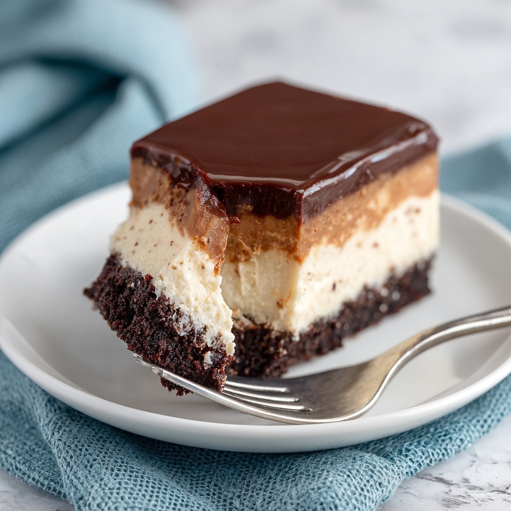 A slice of three-layer dessert on a white plate with a silver fork holding a bite in the foreground; the bottom layer is a dark, crumbly chocolate crust, the middle layer is thick and creamy light tan with chocolate bits, and the top layer is a smooth, shiny dark chocolate ganache covering the slice. The plate rests on a textured blue cloth over a white marbled surface. Photo taken with an iphone --ar 4:5 --v 7