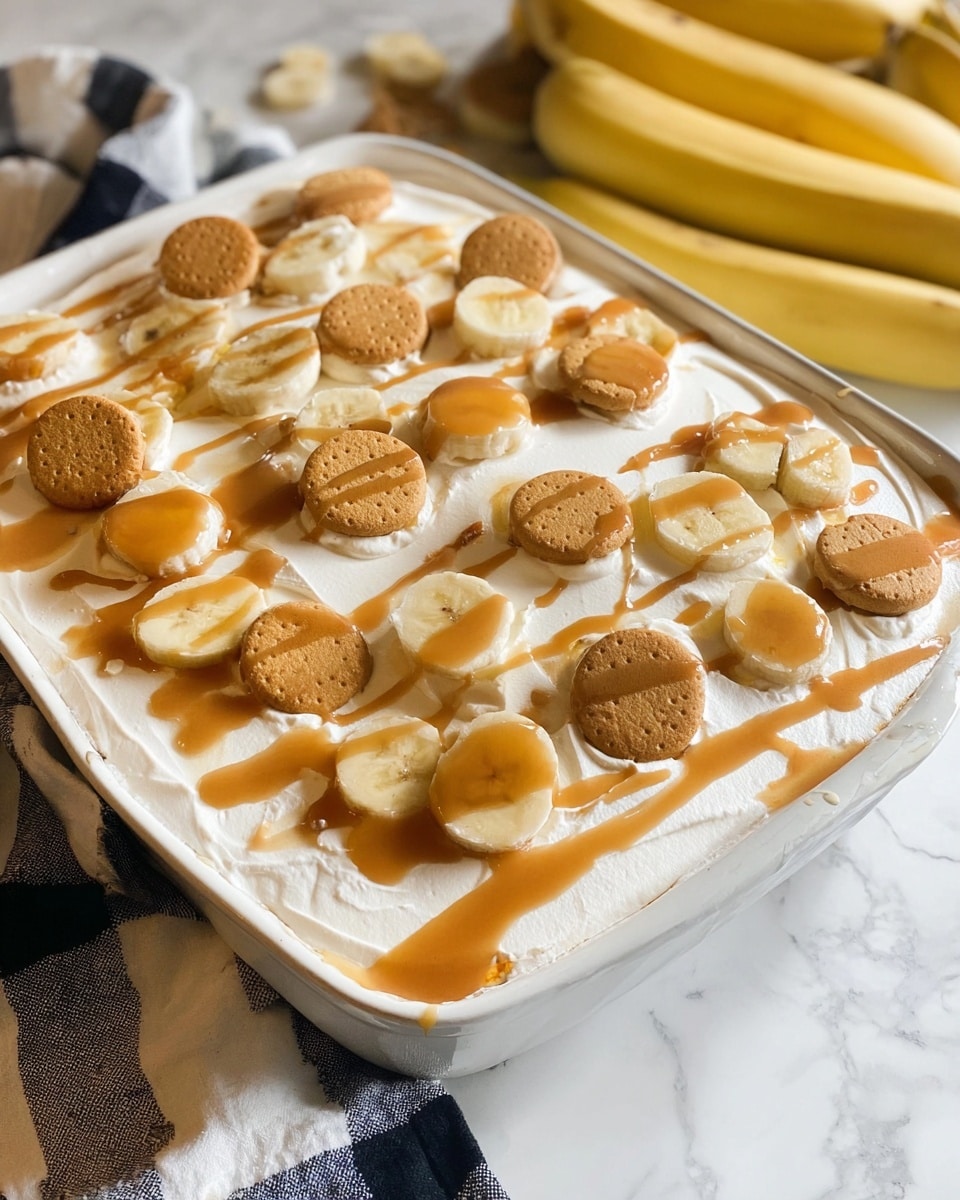 A white dish holds a layered banana pudding with a smooth creamy white base topped with round golden brown vanilla wafer cookies and slices of fresh banana scattered evenly. A light caramel-colored sauce is drizzled over the top, adding a glossy finish. The dish is set against a white marbled surface, with bananas in the background and a black and white cloth nearby. Photo taken with an iphone --ar 4:5 --v 7