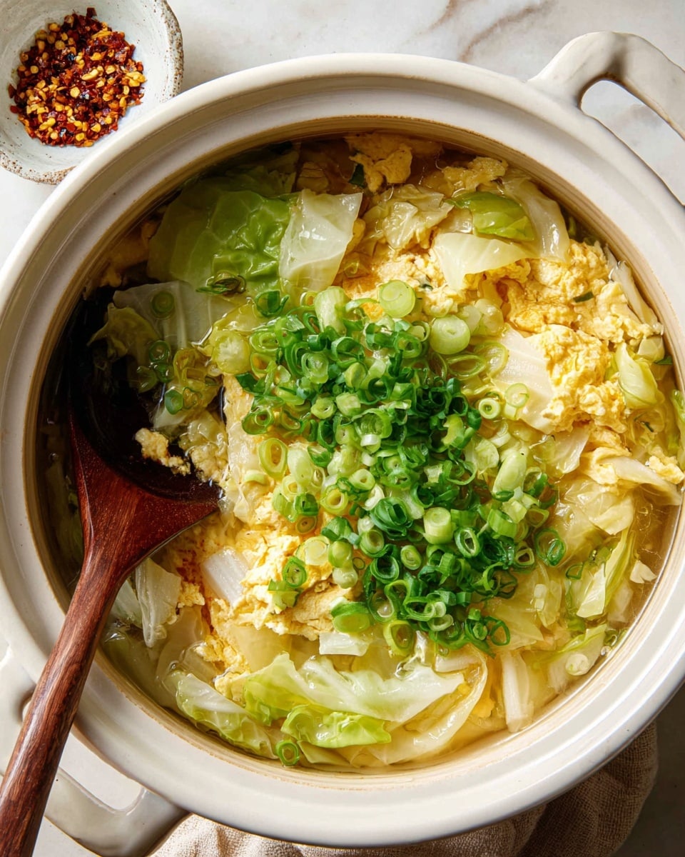 A close-up view of a white ceramic pot filled with a soft soup featuring several layers: at the bottom is a light broth, above it are chunky pieces of pale yellow and green cabbage, followed by a layer of creamy scrambled eggs with a slightly uneven texture. On top, a generous pile of finely chopped bright green spring onions adds freshness and color contrast. A wooden spoon with a dark round end rests inside the pot on the left side. In the background, a small white dish with chili flakes sits atop a white marbled surface. photo taken with an iphone --ar 4:5 --v 7
