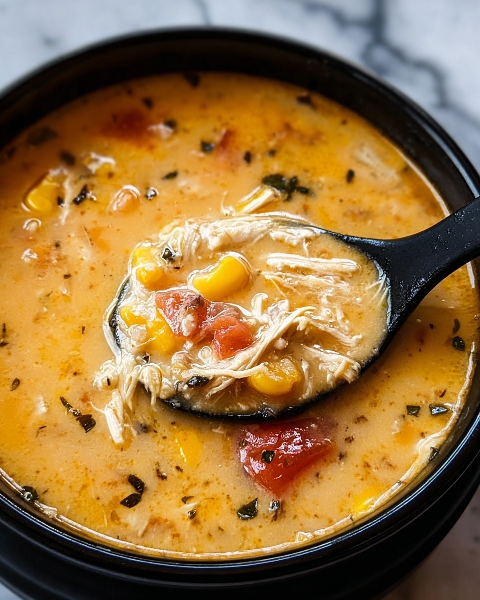 This image shows a close-up of a creamy soup with a smooth light yellow base filled with small chunks of various ingredients. There are bright yellow corn kernels, red tomato pieces, green vegetable bits, and shredded white chicken spread evenly throughout the soup. Fresh, chopped green herbs float on the surface, adding a pop of color. A black spoon is dipping into the soup from the right side, holding some corn, tomato, green vegetable, and a bit of the creamy broth. The soup is in a black pot set on a white marbled surface. Photo taken with an iphone --ar 4:5 --v 7