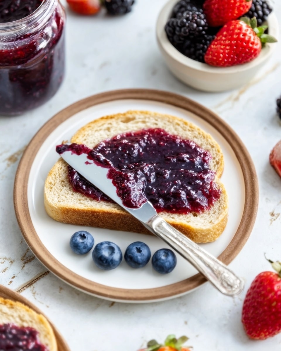 A single slice of light brown bread with a thick spread of dark purple jam covering most of its surface is placed on a white plate with a thin brown rim. A silver butter knife with jam on its blade rests diagonally across the bread. Below the bread on the plate, there are three fresh blueberries arranged in a row. Around the plate, on a white marbled surface, there are fresh strawberries, blackberries, and a small white bowl filled with more dark jam partially visible near the top right corner. The scene is lit softly and looks fresh and inviting. Photo taken with an iphone --ar 4:5 --v 7
