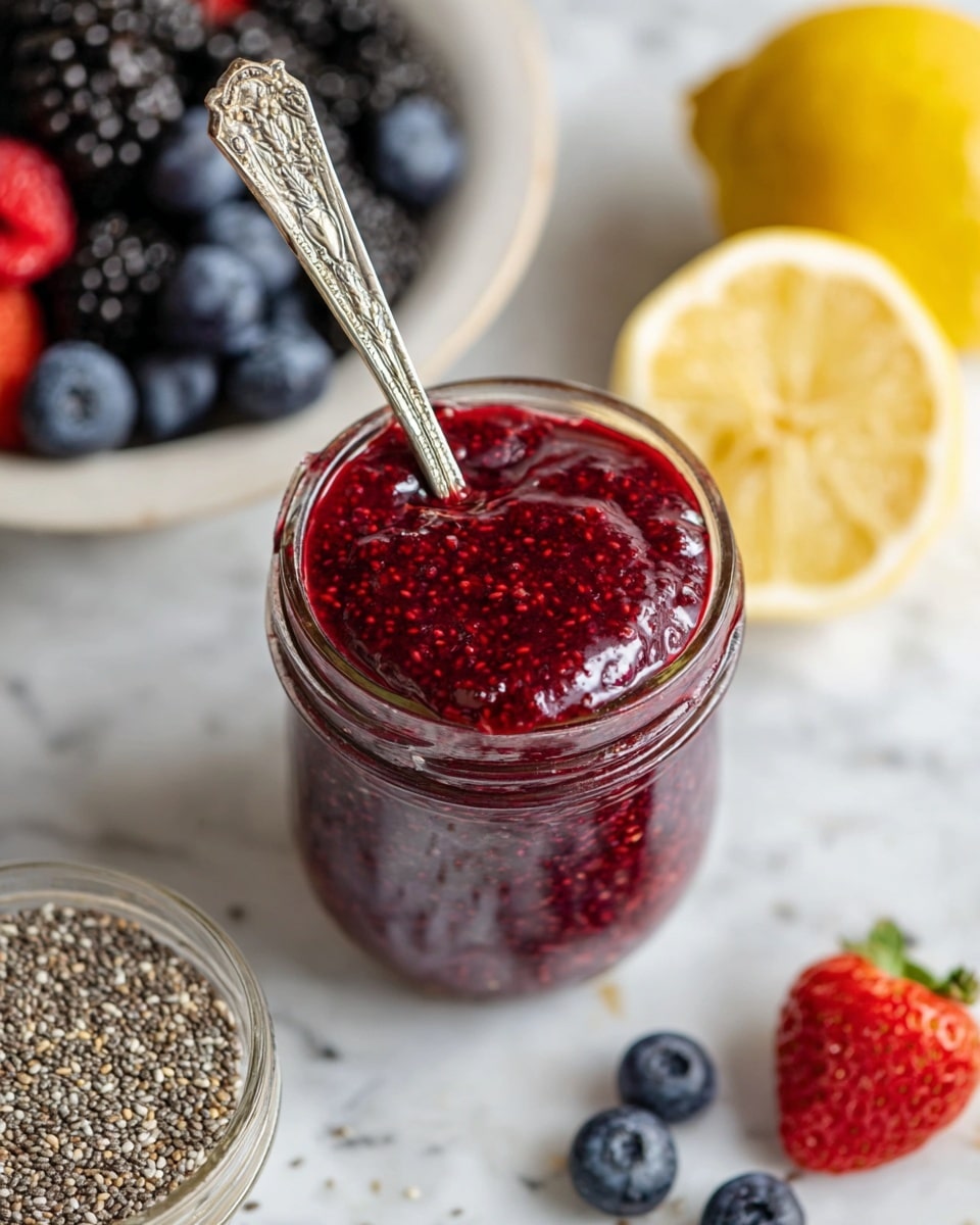 A glass jar filled with a thick, glossy deep red berry jam with visible chia seeds, topped with an antique silver knife partially dipped into the jam, sitting on a white marbled surface; nearby are a halved lemon, two blueberries, a halved strawberry, a jar filled with chia seeds, and a white plate holding blackberries, blueberries, and strawberries in the top left corner. photo taken with an iphone --ar 4:5 --v 7