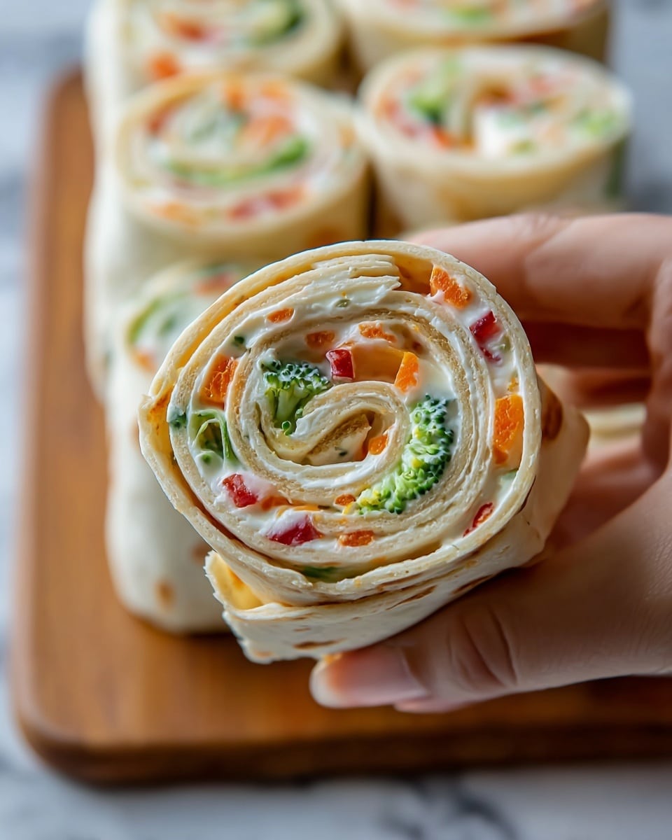 The image shows several thick vegetable pinwheel wraps arranged diagonally on a wooden board. Each wrap has three main layers: a soft, light beige tortilla on the outside, a creamy white spread with a smooth texture as the middle layer, and colorful fresh vegetable slices inside including bright orange carrot strips, small green broccoli florets, dark green spinach or lettuce leaves, and pieces of red bell pepper. The wraps are cut to reveal the spiral pattern of these layers, with the vegetables evenly distributed throughout, creating a vivid mix of colors and textures. photo taken with an iphone --ar 4:5 --v 7