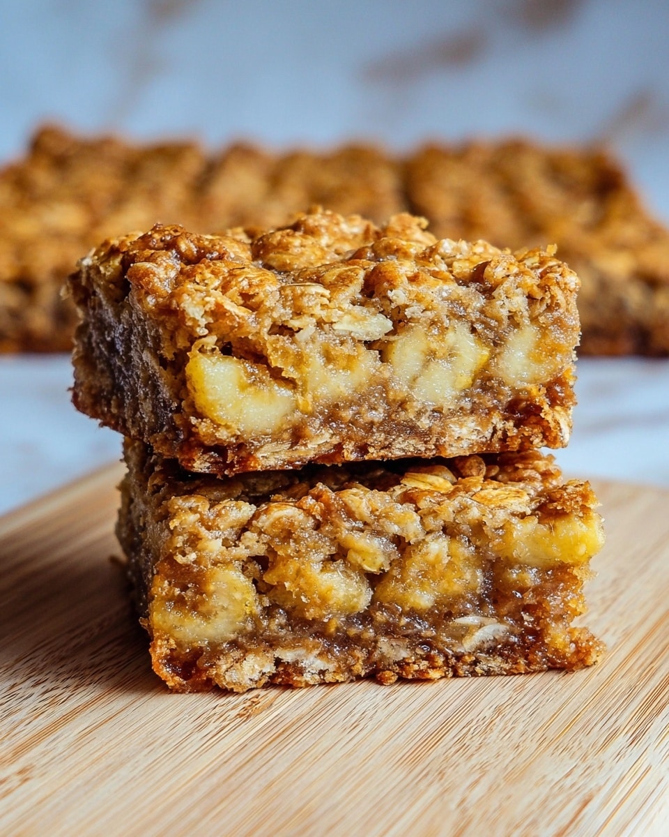 The image shows two rectangular oat bars stacked on top of each other, resting on a light wooden surface. Each bar has two layers: the top layer is a golden-brown, crispy oat crust with visible whole oats, while the bottom layer is a moist, gooey filling with chunks of light yellow banana mixed with the oats and other ingredients. The bars have a slightly rough texture, with a contrasted crisp top and soft, sticky interior. The background is a white marbled texture with blurred oat bars visible behind. photo taken with an iphone --ar 4:5 --v 7