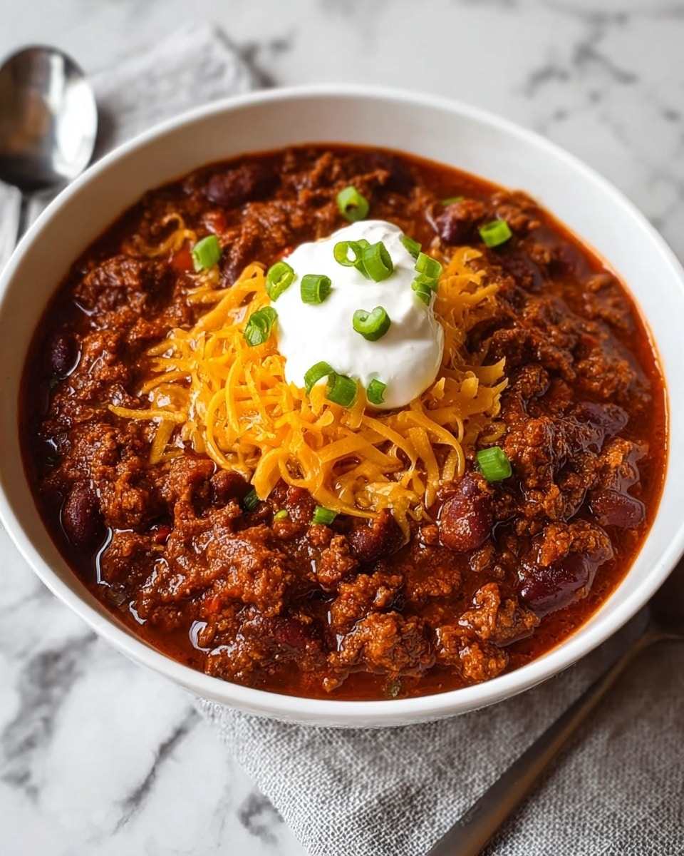 A speckled white bowl holds a thick, rich chili with visible chunks of browned ground meat, red kidney beans, and diced tomatoes mixed throughout the deep reddish-brown sauce. On top of the chili is a generous mound of shredded yellow cheddar cheese, partially melting, crowned by a dollop of smooth white sour cream. Bright green chopped scallions are scattered on the sour cream and cheese for a fresh pop of color. A silver spoon rests inside the bowl on the right side. The bowl is placed on a black cloth over a white marbled surface, with some scattered yellow tortilla chips and a small white bowl of sliced green jalapeños visible in the background. photo taken with an iphone --ar 4:5 --v 7