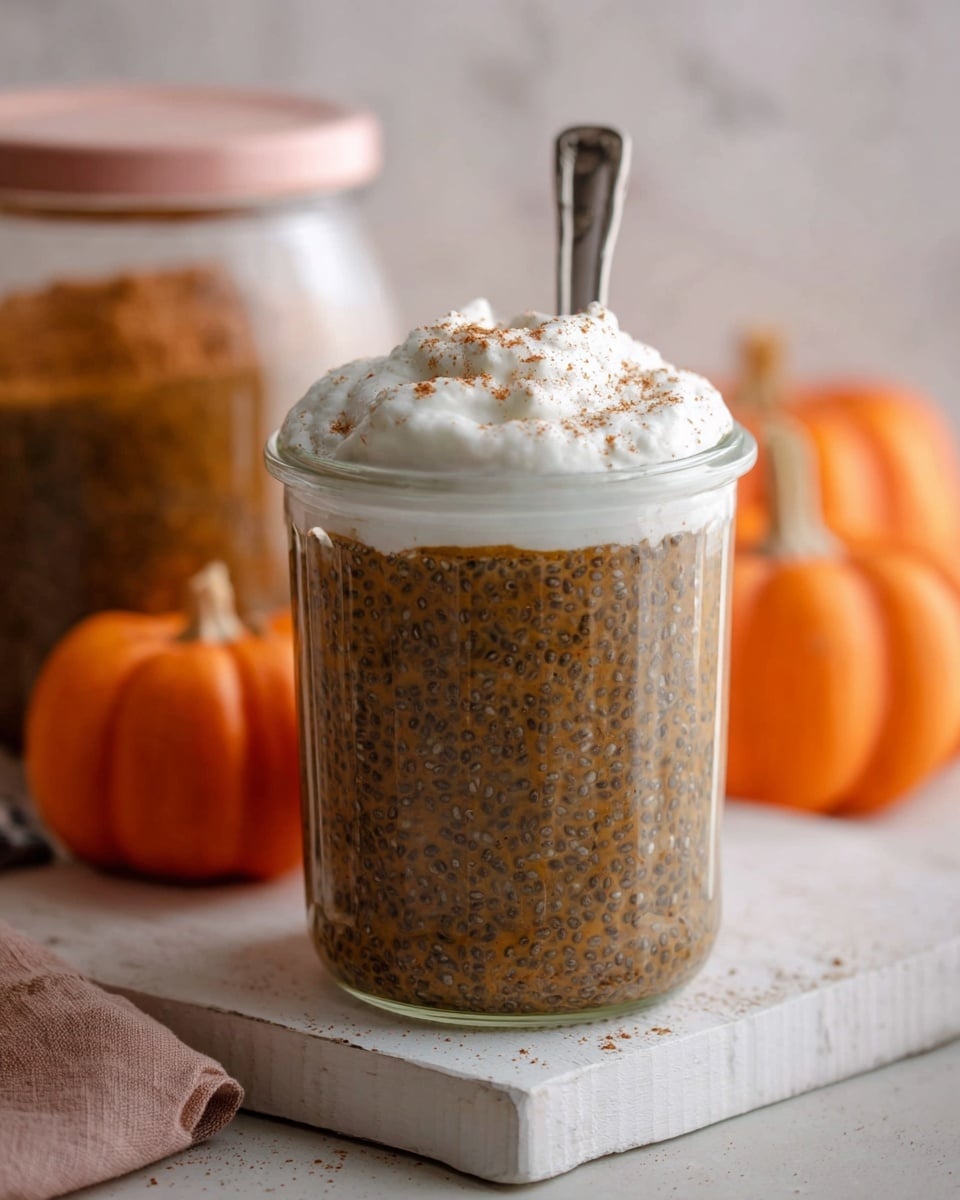 The image shows a clear glass jar filled about three-quarters with a thick, brown mixture with small black chia seeds evenly spread throughout, giving it a speckled texture. On top is a layer of white whipped cream lightly dusted with cinnamon, adding a soft, fluffy contrast. The jar sits on a white rustic wooden board, and in the background, there is a blurry glass jar with a pink lid filled with a brown powder. Small orange pumpkins are placed around the jar, enhancing a warm, autumn feel. A silver spoon is clipped to the side of the jar, standing upright. The scene is set on a white marbled surface. photo taken with an iphone --ar 4:5 --v 7