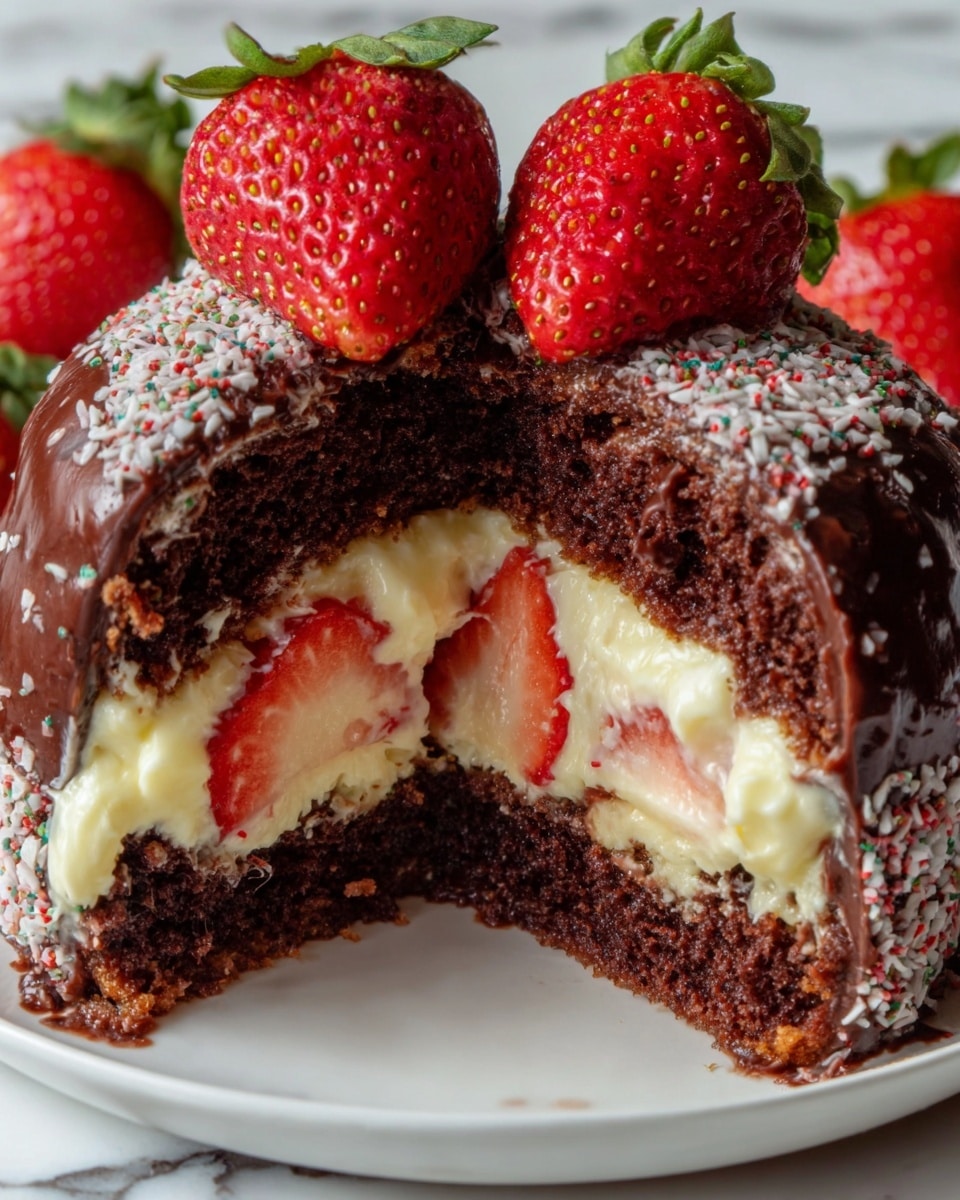 The image shows a chocolate dessert cut in half, revealing three main layers inside. The outer layer is dark brown and smooth chocolate with small chocolate sprinkles on top, and the chocolate is dripping slightly on the sides. Inside, there is a thick white creamy filling mixed with chunks of fresh red strawberries. The dessert sits on a white plate on a white marbled surface, with a blurred background of more whole red strawberries. photo taken with an iphone --ar 4:5 --v 7