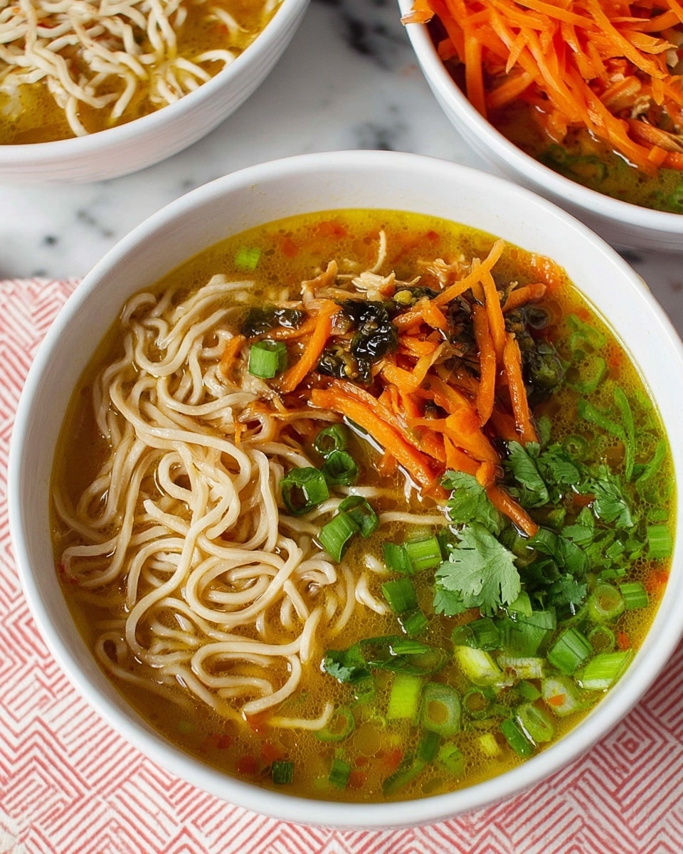 A white bowl filled with a vibrant broth soup with visible oil droplets on the surface, divided into parts by ingredients. On the left side, a nest of pale, thin noodles resting atop the golden broth. On the right, chopped green onions add a fresh dark green and light green texture while a handful of bright orange shredded carrots lies below them. Above the carrots, fresh green cilantro leaves float on the surface, creating a fresh and lively touch. The bowl is placed on a white marbled surface with a red and white patterned cloth partially visible underneath. Photo taken with an iphone --ar 4:5 --v 7