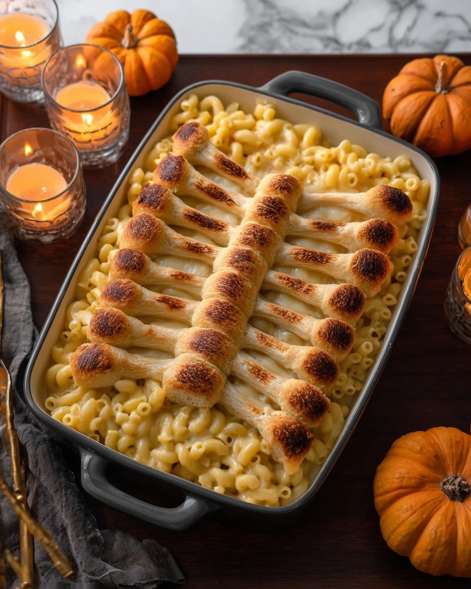 A black baking dish filled with creamy, yellow macaroni and cheese forms the base layer, topped with baked bread pieces arranged to look like a ribcage. The ribcage is made with 11 light golden-brown curved breadsticks on each side, slightly browned on top, extending outward like ribs. The middle spine consists of 10 evenly spaced, square puff pastry pieces stacked vertically down the center. The dish sits on a dark wooden surface with soft glowing candles and two small orange pumpkins nearby, creating a warm and cozy atmosphere. Photo taken with an iphone --ar 4:5 --v 7