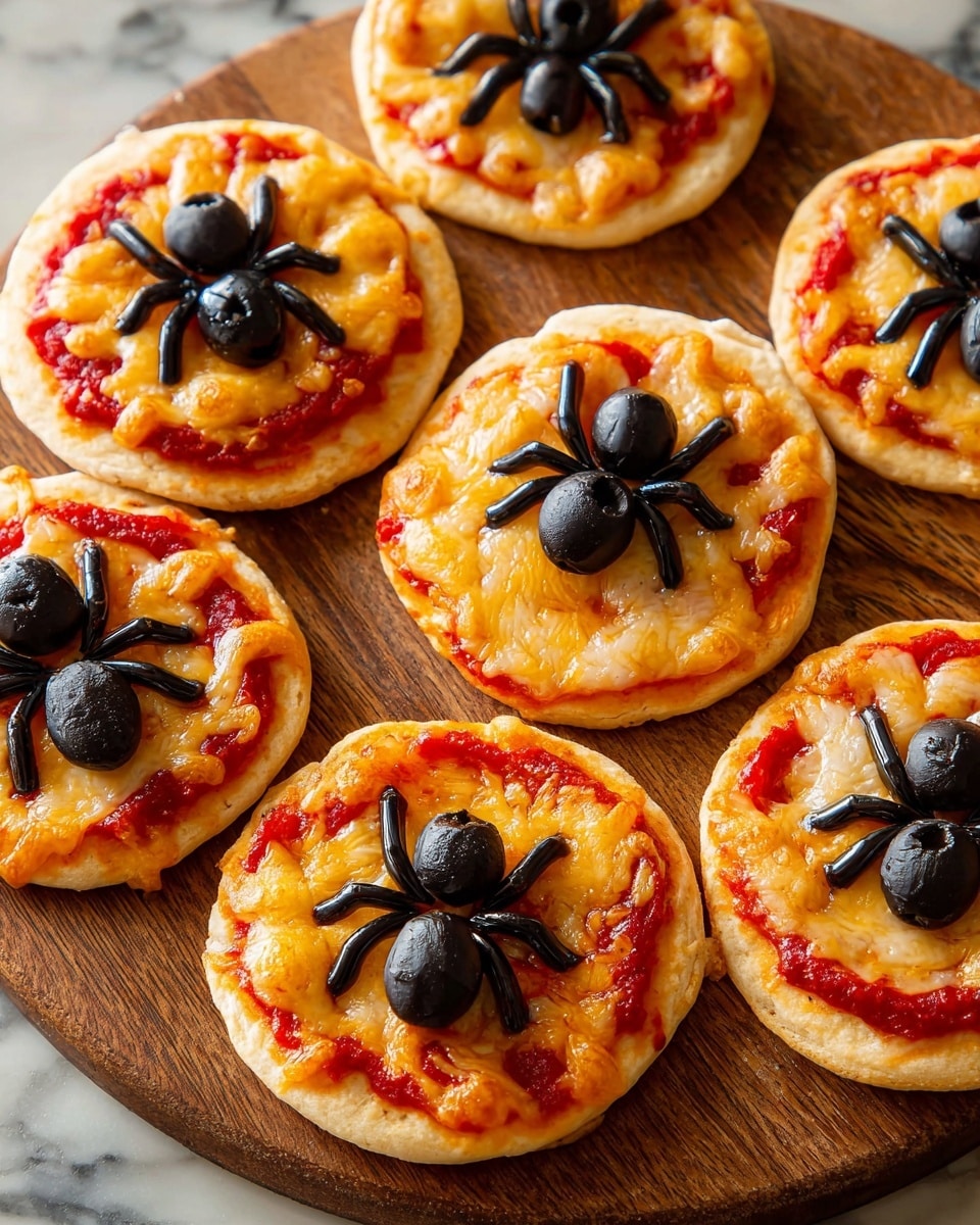 Seven small round mini pizzas sit on a smooth wooden board. Each pizza has a golden-brown crust at the bottom, covered with melted orange-yellow cheese and red tomato sauce beneath. On top of the cheese, there is a black olive spider made from a whole olive for the body and sliced olives shaped into eight legs, spread evenly around the spider's body. The wooden board is placed on a white marbled surface. photo taken with an iphone --ar 4:5 --v 7