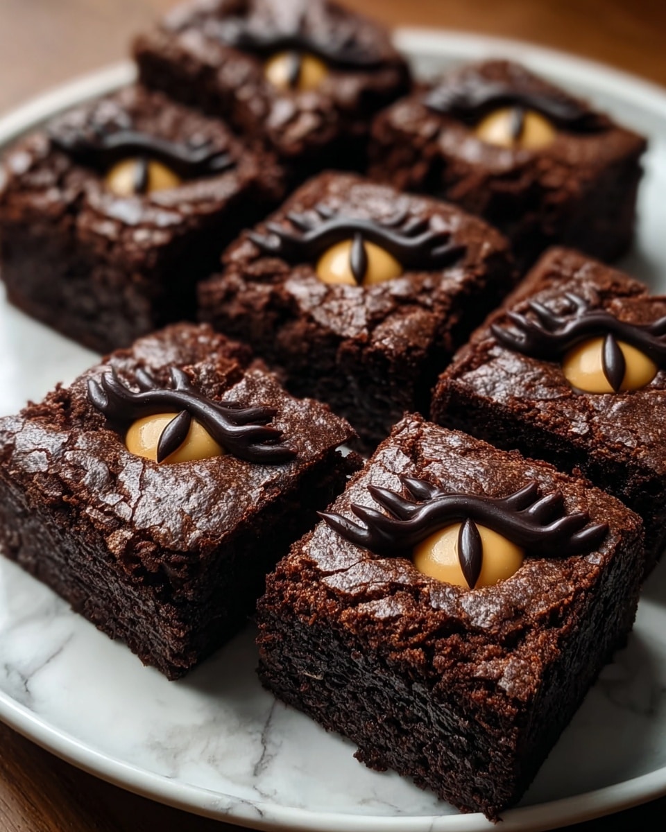A close-up view of six square-shaped brownies arranged on a white plate with a subtle texture, each with three distinct layers. The bottom layer is dark brown and dense, with a cracked, rich chocolate texture. The middle layer forms a dark chocolate oval shape resembling an eyelid that curves over the third layer, a smooth, light beige circular eye with a black vertical slit pupil. On top of the eyelid shape are thin, raised dark chocolate lines shaped like eyelashes. The brownies are closely placed together, creating a visually striking and spooky effect. The photo is taken on a white marbled surface. photo taken with an iphone --ar 4:5 --v 7