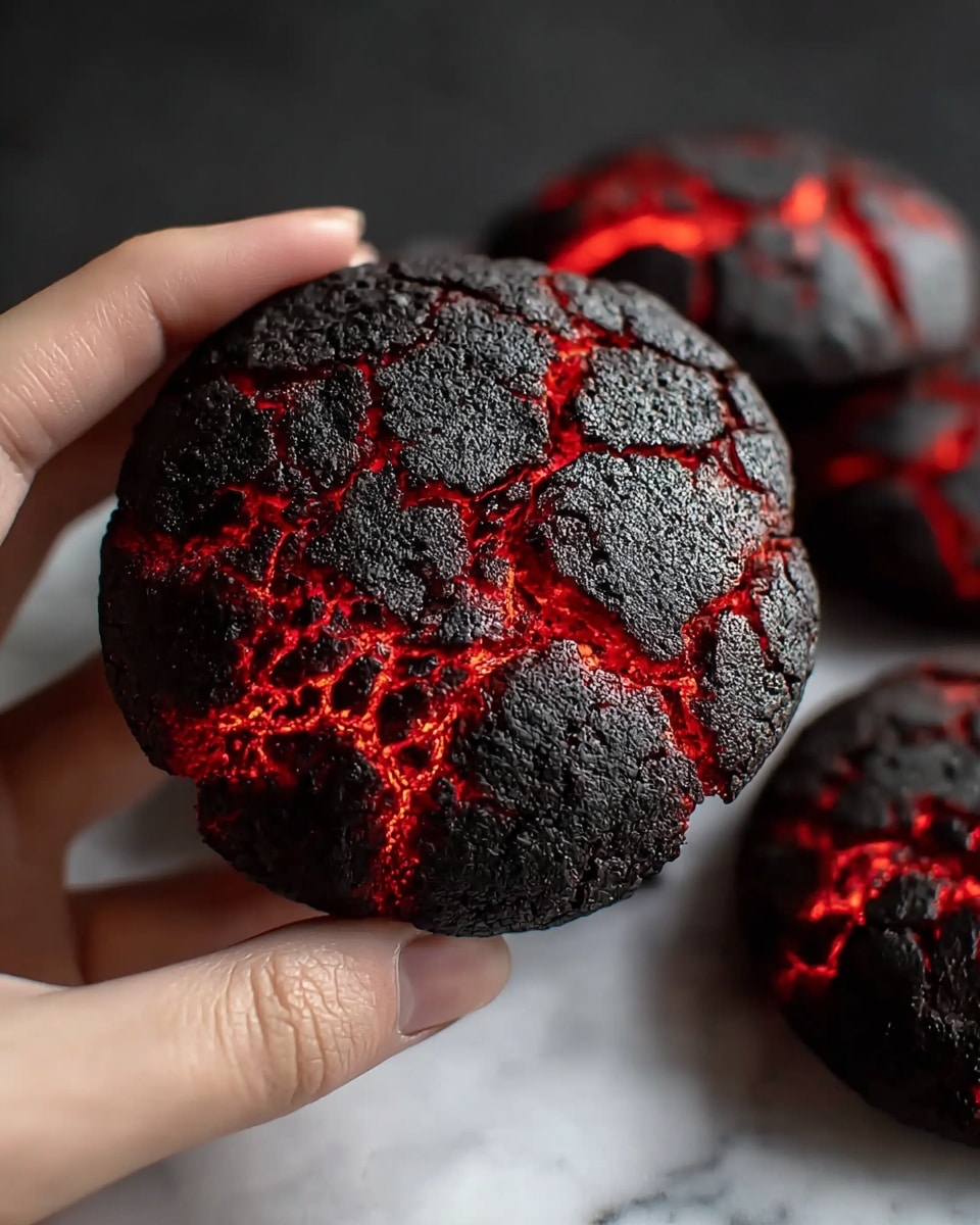A close-up of a round cookie held by a woman's hand, showing a cracked black outer layer with glowing bright red cracks that look like molten lava underneath. The cookie's surface is rough and textured, and in the blurry background, more cookies with the same cracked pattern are visible, placed on a white marbled surface. The overall look gives a strong contrast between the dark exterior and the fiery red inside, making the cookie appear both crunchy and soft inside. photo taken with an iphone --ar 4:5 --v 7