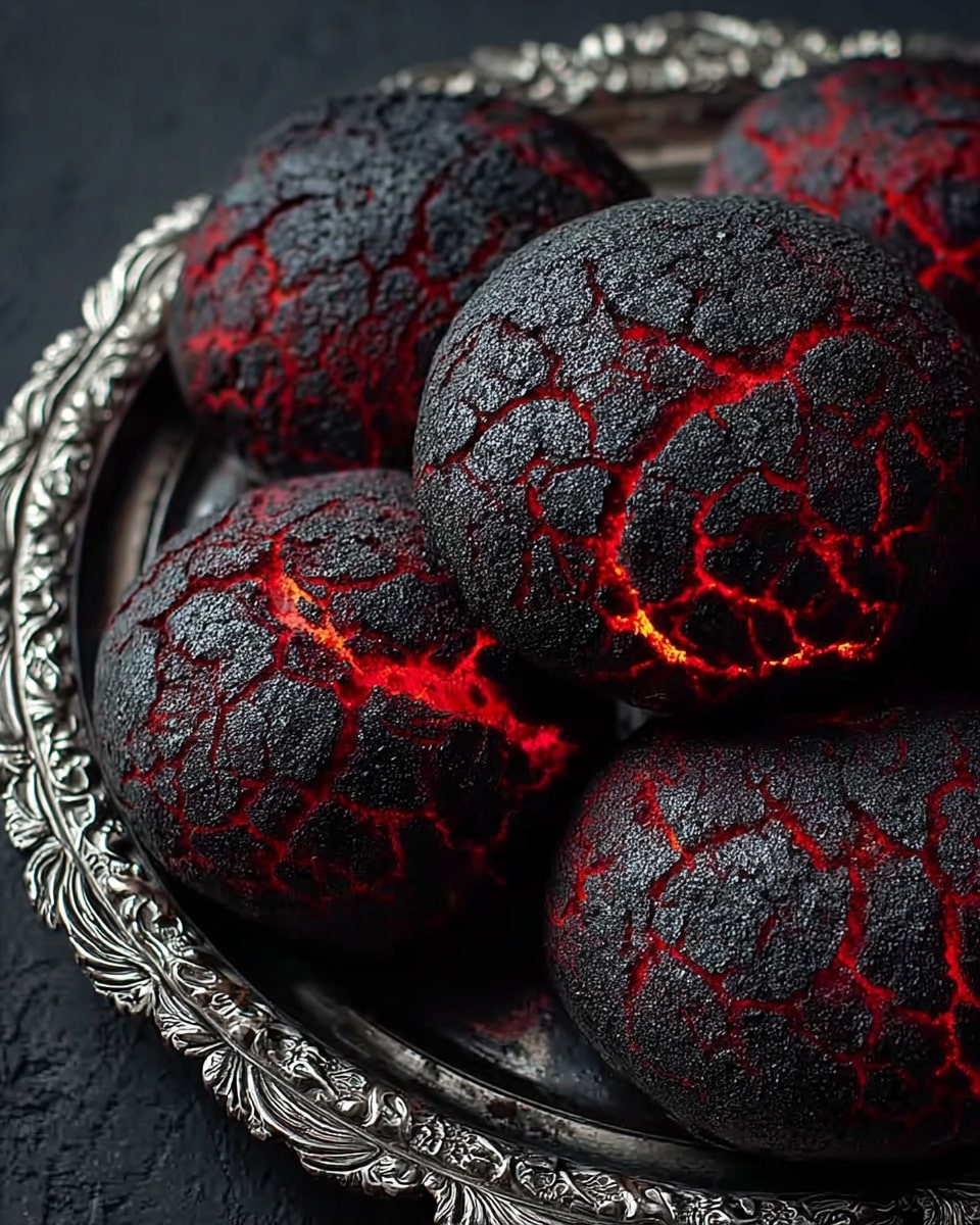 A close-up view of four round buns with a cracked, rough surface, each showing glowing red lines beneath the black crust, resembling hot lava cracks; the buns are arranged closely together on a round ornate silver tray set against a dark background. The texture of the buns is rough and slightly shiny where the red glows break through the black outer layer. Photo taken with an iphone --ar 4:5 --v 7