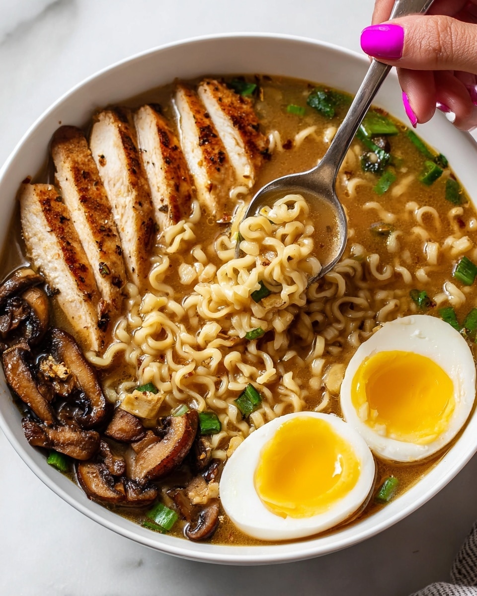A white bowl filled with light brown broth and curly noodles floating throughout. On the right side, there are five slices of grilled chicken topped with crushed nuts, showing a golden-brown crispy texture. Towards the bottom left of the bowl, two halved soft-boiled eggs display bright yellow yolks sprinkled with red chili flakes. Scattered around the noodles are dark brown sautéed mushroom slices and bright green chopped scallions. A silver spoon is partially inside the bowl on the right side. The bowl sits on a white marbled surface with some peanut snacks nearby and a white cloth napkin in the upper right corner. photo taken with an iphone --ar 4:5 --v 7