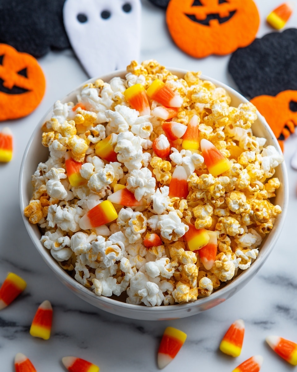 A white bowl filled with a mix of two types of popcorn: plain white fluffy popcorn and golden caramel-coated popcorn, topped with scattered bright candy corn pieces that have white, orange, and yellow layers. The bowl sits on a white marbled surface with Halloween-themed felt decorations in black and orange, including partial views of a jack-o'-lantern and a ghost shape. Candy corn pieces are also spread around the bowl on the surface. The image is bright and colorful, with sharp focus on the textures of the popcorn and candy. photo taken with an iphone --ar 4:5 --v 7