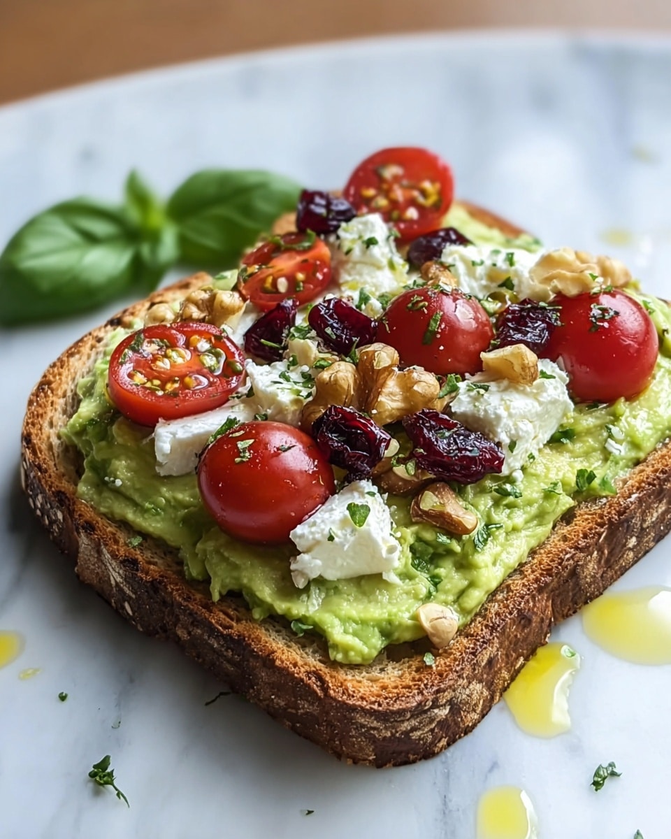 A toasted slice of brown bread forms the base, with a layer of smooth, light green avocado spread evenly on top. Scattered on the avocado are dollops of soft white cheese and several bright red cherry tomatoes, some whole and one cut in half showing its juicy inside. Small pieces of walnuts and dried dark red cranberries are sprinkled across, adding texture and color contrast. A fresh green basil leaf sits near one side, and a light drizzle of olive oil along with small bits of chopped herbs are visible on both the toast and the white marbled surface underneath. The photo is clear and close-up, showing the textures and moisture on the ingredients, photo taken with an iphone --ar 4:5 --v 7