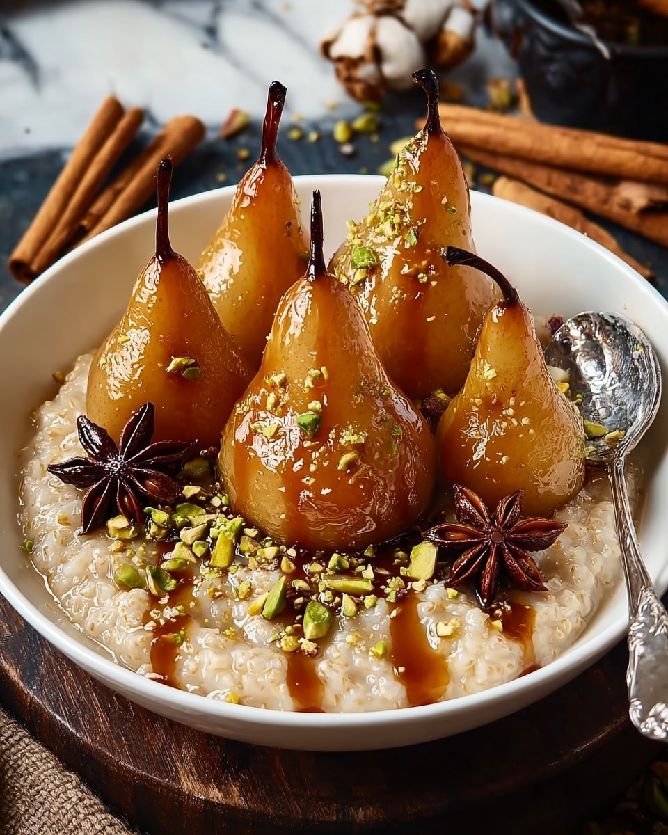 The image shows a white bowl with a delicate black pattern on the rim, filled with a creamy oatmeal base that has a soft beige texture. On top, there are four poached pears – two whole and two halved – standing upright with a shiny golden brown caramel glaze covering their smooth surface. The pears are sprinkled with small chopped nuts and green cardamom pods, adding texture and color contrast. Around the pears, whole dark brown star anise pods rest on the oatmeal, enhancing the dish's rich and warm look. The bowl is placed on a white marbled surface, with blurred cinnamon sticks and star anise in the background. Photo taken with an iphone --ar 4:5 --v 7