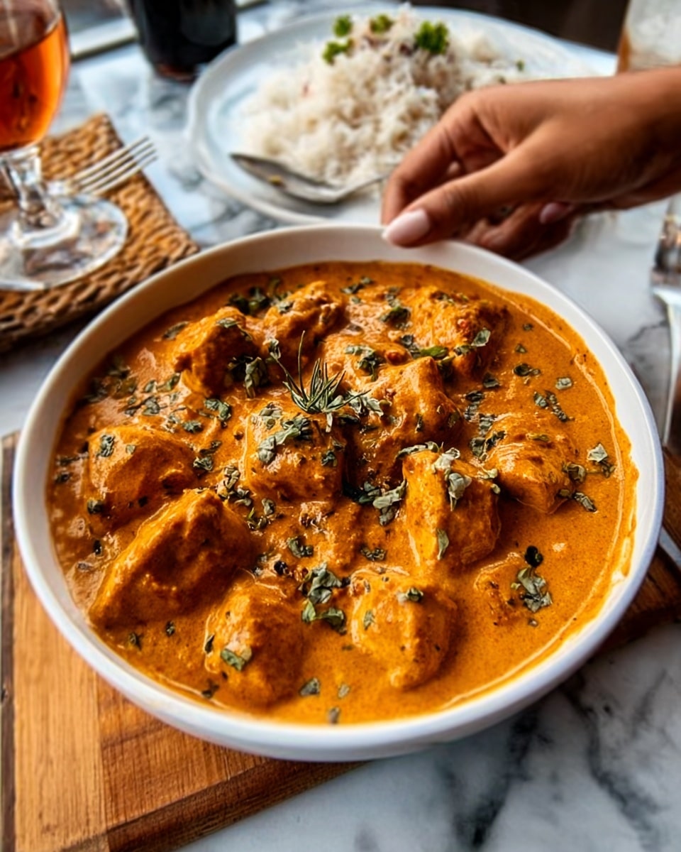 A white bowl filled with a creamy orange dish made of chunks of chicken or paneer, coated in a rich, smooth sauce. The sauce looks thick and glossy with a few green herbs sprinkled on top for color and freshness. The bowl sits on a wooden surface with a glass of amber drink in the background and a woman's bare midsection visible behind it. The overall look is warm and inviting, with the texture of the sauce showing slight bubbles and richness. Photo taken with an iphone --ar 4:5 --v 7