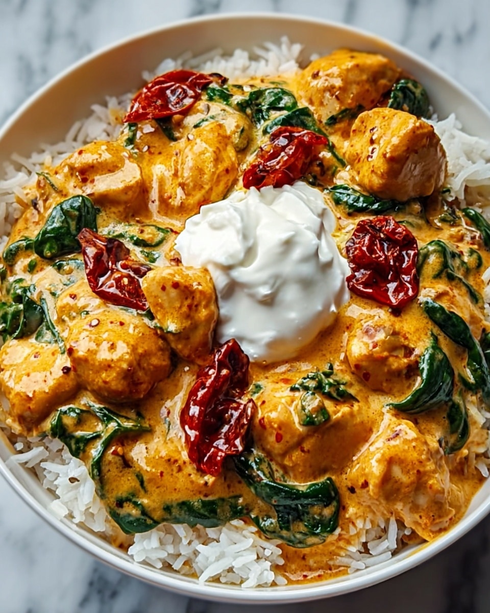 The image shows a white bowl filled with a layer of white rice at the bottom, topped with chunks of chicken coated in a creamy, orange-colored sauce speckled with spices. Among the chicken pieces, there are bright red sun-dried tomatoes and dark green wilted spinach leaves spread evenly. At the top center, a dollop of white yogurt or cream adds contrast to the rich colors of the dish. The bowl sits on a white marbled surface. photo taken with an iphone --ar 4:5 --v 7