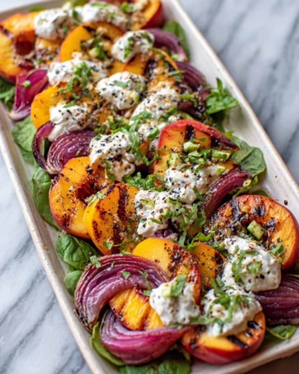 The image shows a long white dish filled with grilled peach halves that have dark grill marks on their smooth orange flesh, arranged in neat rows. Between the peaches are thick slices of slightly charred red onion with a purple tone. Dollops of white creamy sauce are spread evenly across the surface, speckled with green herbs. The dish is topped with fresh green leaves and small orange seeds scattered for texture. The colors are warm and fresh, with the bright peaches contrasting against the white sauce and green herbs, all set on a white marbled surface. Photo taken with an iphone --ar 4:5 --v 7