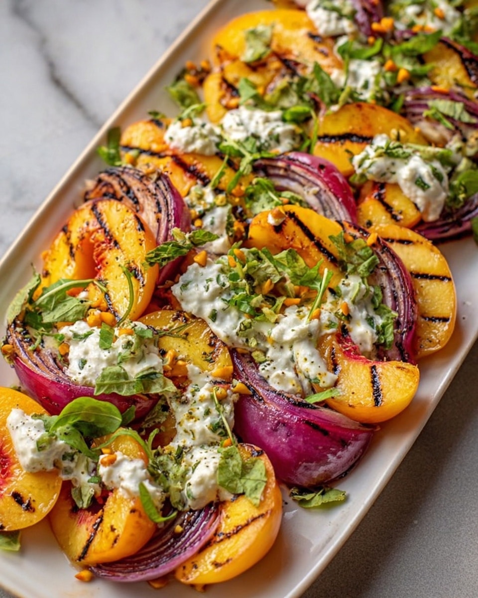 This image shows a long white dish filled with grilled peach halves that have visible char marks, arranged in two rows. Between the peach halves, there are red onion wedges with a deep purple color and some fresh green spinach leaves spread evenly. Dollops of white creamy sauce with black pepper specks are placed on top of the peaches and onions. The dish is garnished with small chopped green herbs, adding a fresh touch. The background is a white marbled surface. photo taken with an iphone --ar 4:5 --v 7