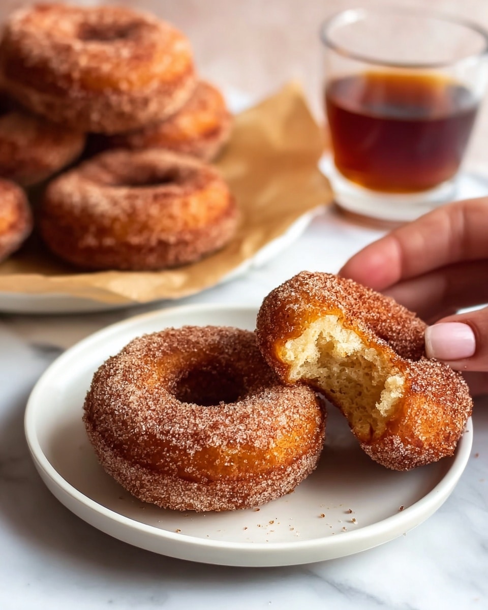 A white plate holds two sugar-coated cinnamon donuts, one laying flat and the other held by a woman's hand with a bite taken out, showing a soft, light yellow inside with a spongy texture; the donuts are thick, round with a central hole, and covered evenly in sparkling sugar crystals mixed with cinnamon, giving a rough texture and warm brown color; in the blurry background, more donuts rest on brown paper and a clear glass of dark amber liquid is visible, all set on a white marbled surface photo taken with an iphone --ar 4:5 --v 7