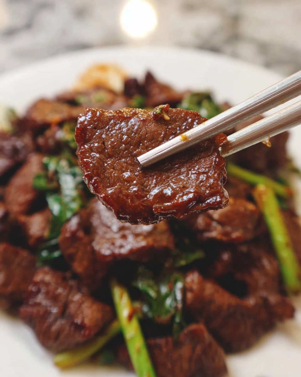 The image shows a close-up of a stir-fried dish with several layers of thin, glossy dark brown beef slices spread across a pan, mixed with light yellow onion slices and bright green spring onion pieces. The beef has a shiny, slightly sticky texture coated in a rich brown sauce, giving it a moist and tender look. The onions are soft and glossy, contrasting with the bright, fresh appearance of the crunchy green spring onion stalks scattered evenly throughout the dish. The mix has a lightly oily surface with small bits of garlic and seasonings visible, all against the dark inner surface of the cooking pan. Photo taken with an iphone --ar 4:5 --v 7