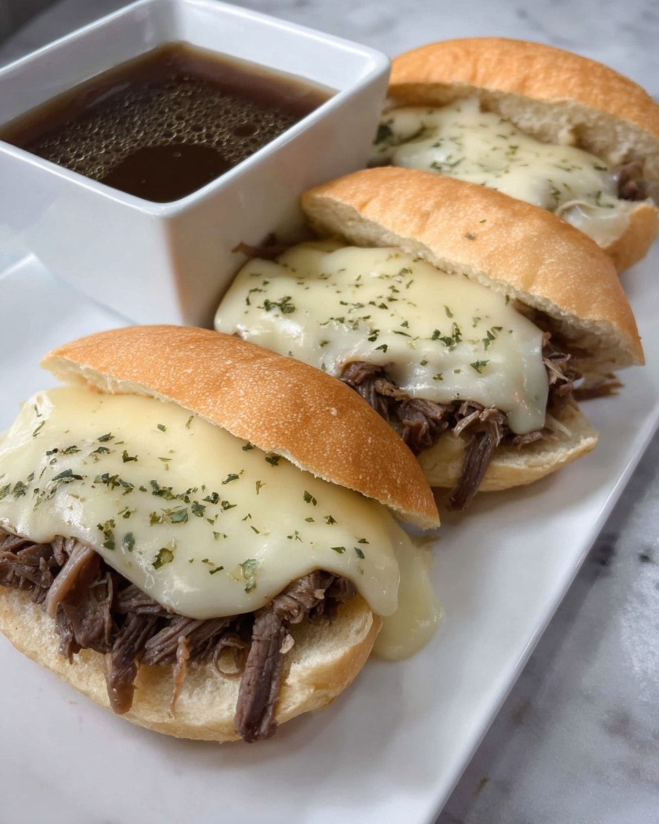 Three sandwiches are placed on a white rectangular plate over a white marbled surface. Each sandwich has a soft, pale beige bun as the base. The first layer inside the sandwich is shredded dark brown beef. On top of the beef, there is a smooth layer of melted pale yellow cheese that covers the meat evenly, with some melted light spots and slightly darker green herb sprinkles scattered on the cheese. Next to the plate is a small white square bowl filled with dark brown juice with small bubbles on the surface. photo taken with an iphone --ar 4:5 --v 7