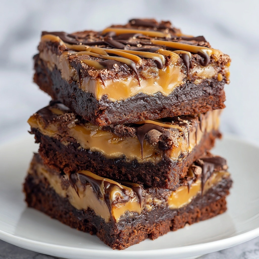 The image shows a stack of three rich brownies on a white marbled surface. Each brownie has three layers: a dark brown, moist chocolate base; a thick middle layer of gooey caramel with bits of nuts; and a top layer of chocolate batter that is cracked and shiny. The brownies are drizzled with light brown caramel sauce and dark chocolate sauce, adding texture and shine. The edges of the brownies look slightly crumbly, and the overall look is dense and chewy. Photo taken with an iphone --ar 4:5 --v 7