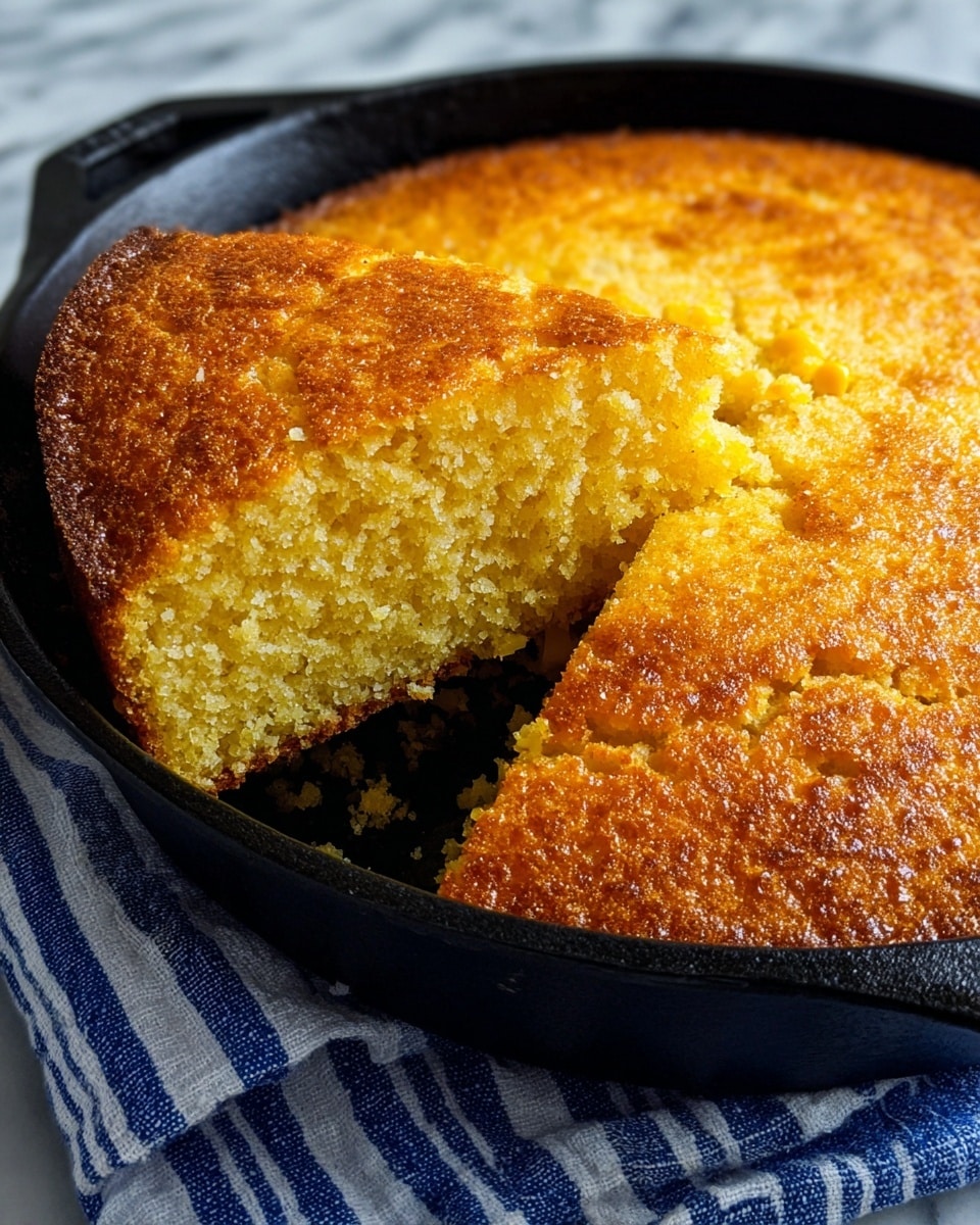 A warm, golden-yellow cornbread with a slightly crispy texture on top is shown in a black cast-iron skillet, with one slice cut out revealing a soft, moist inside with a crumbly texture; the skillet sits on a blue textured cloth over a white marbled surface. Photo taken with an iphone --ar 4:5 --v 7